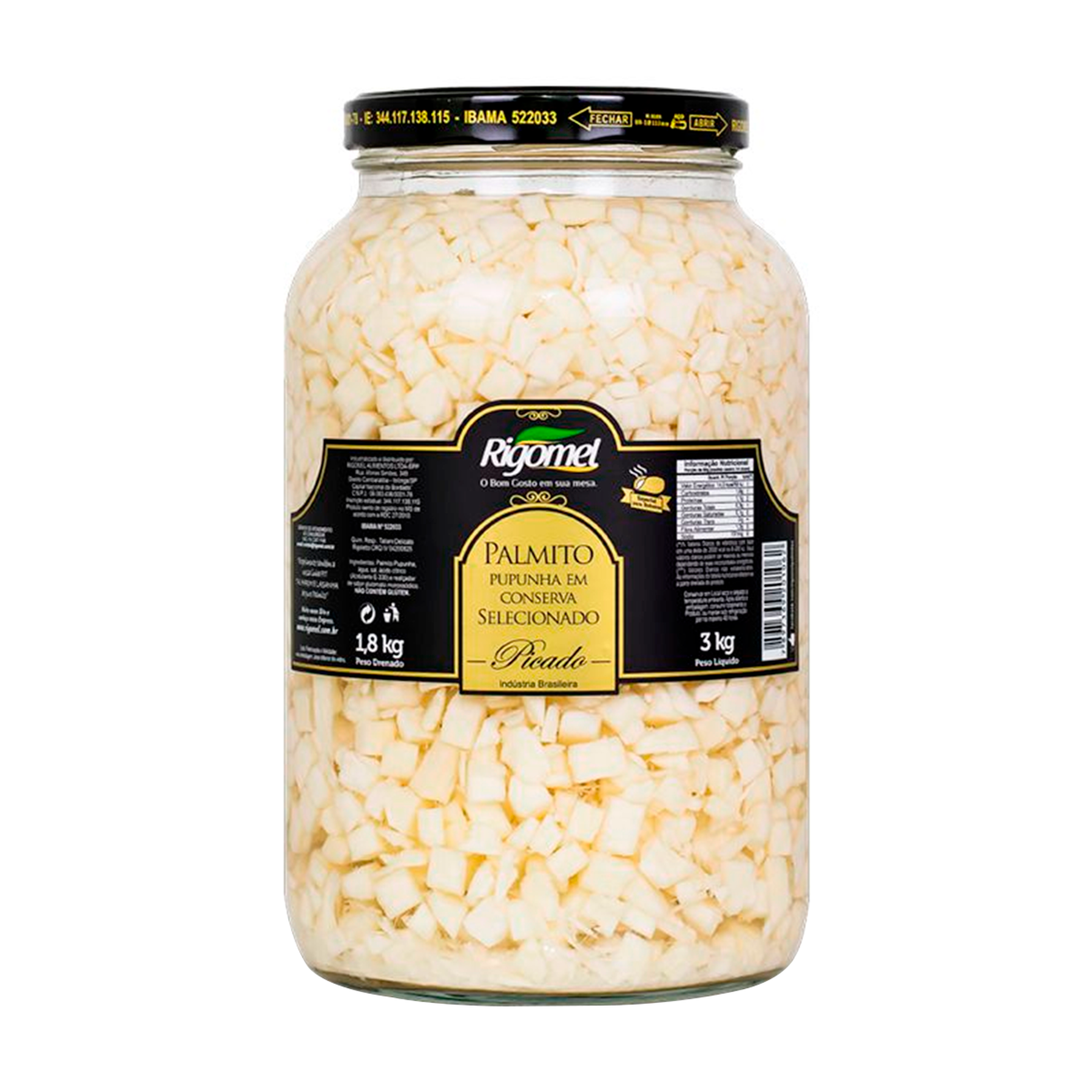 Palmito Pupunha Picado Rigomel Vidro 1800g