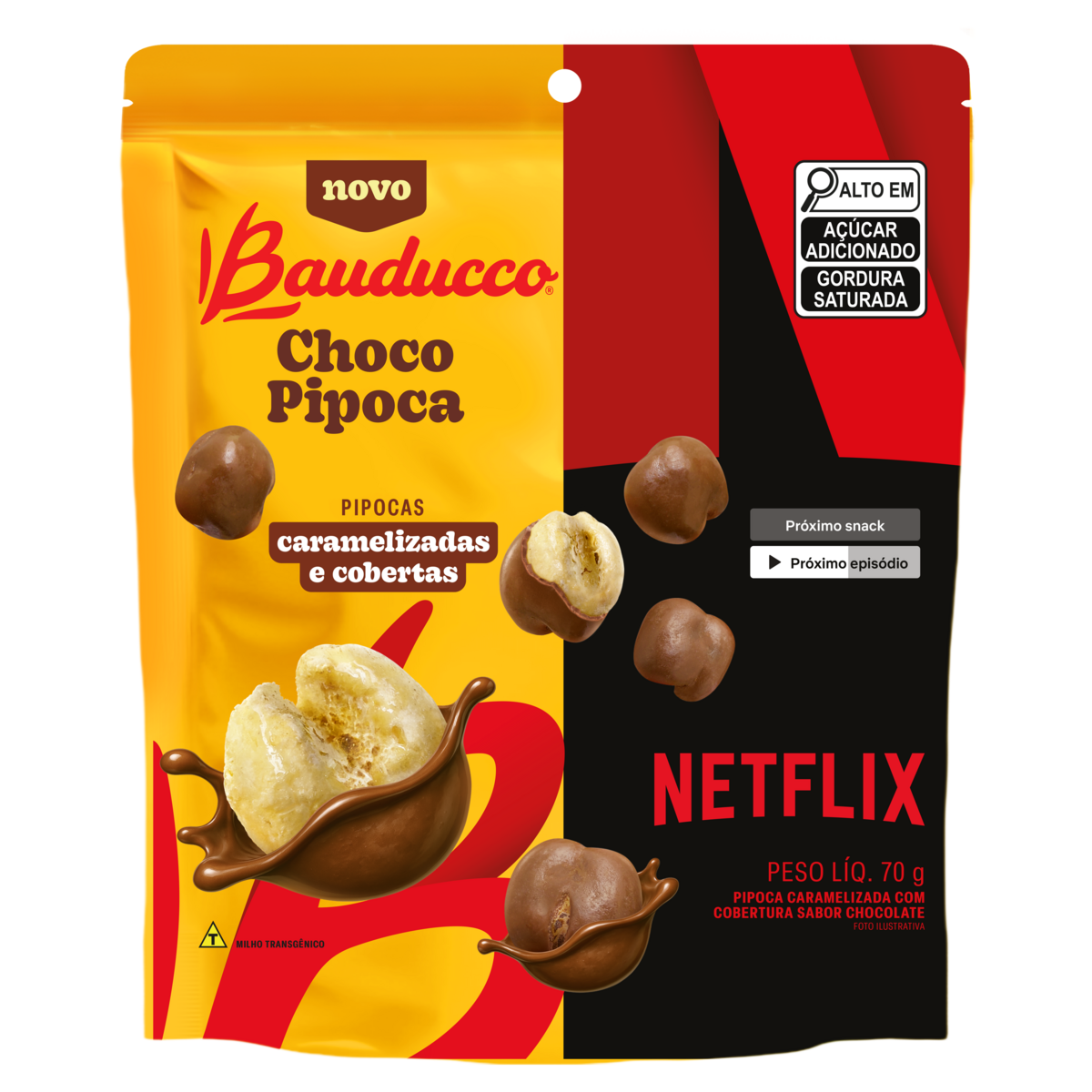 Pipoca Caramelizada Choco Pipoca Cobertura Chocolate Netflix Bauducco Pouch 70g