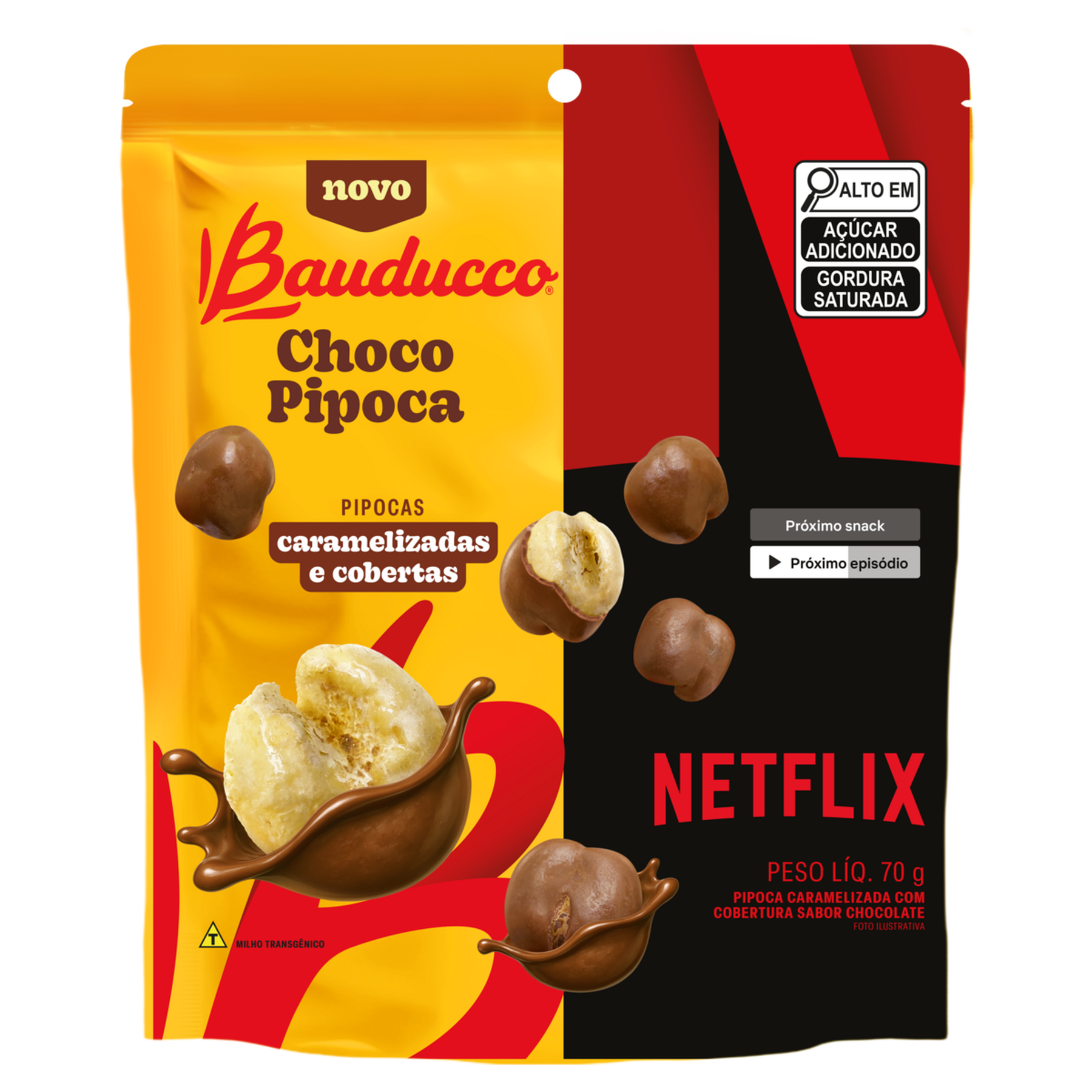 Pipoca Caramelizada Choco Pipoca Cobertura Chocolate Netflix Bauducco Pouch 70g