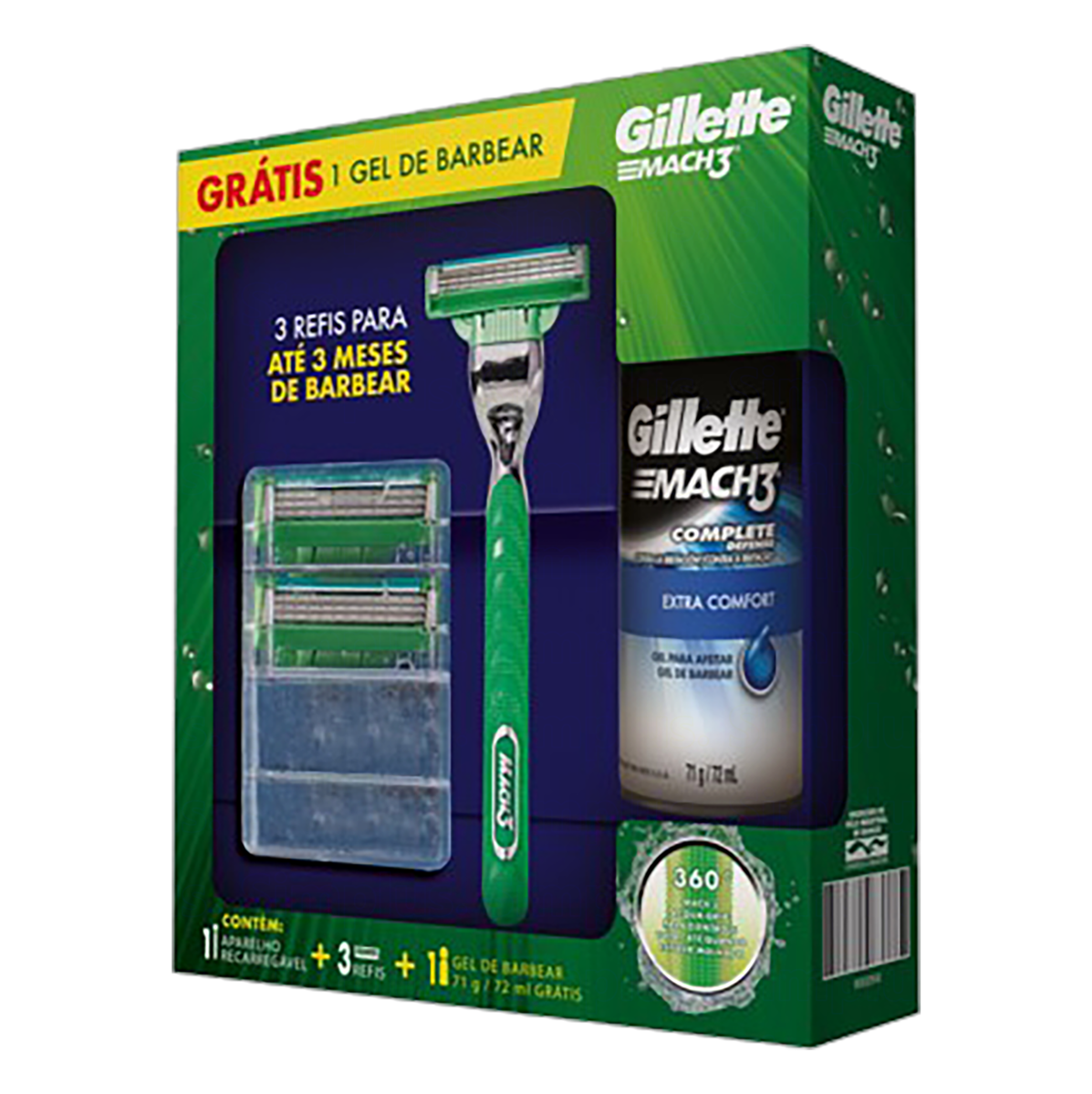 Aparelho para Barbear Recarreg&aacute;vel + 3 Refis + 1 Gel Extra Comfort 71g Gillette Mach3 Sensitive