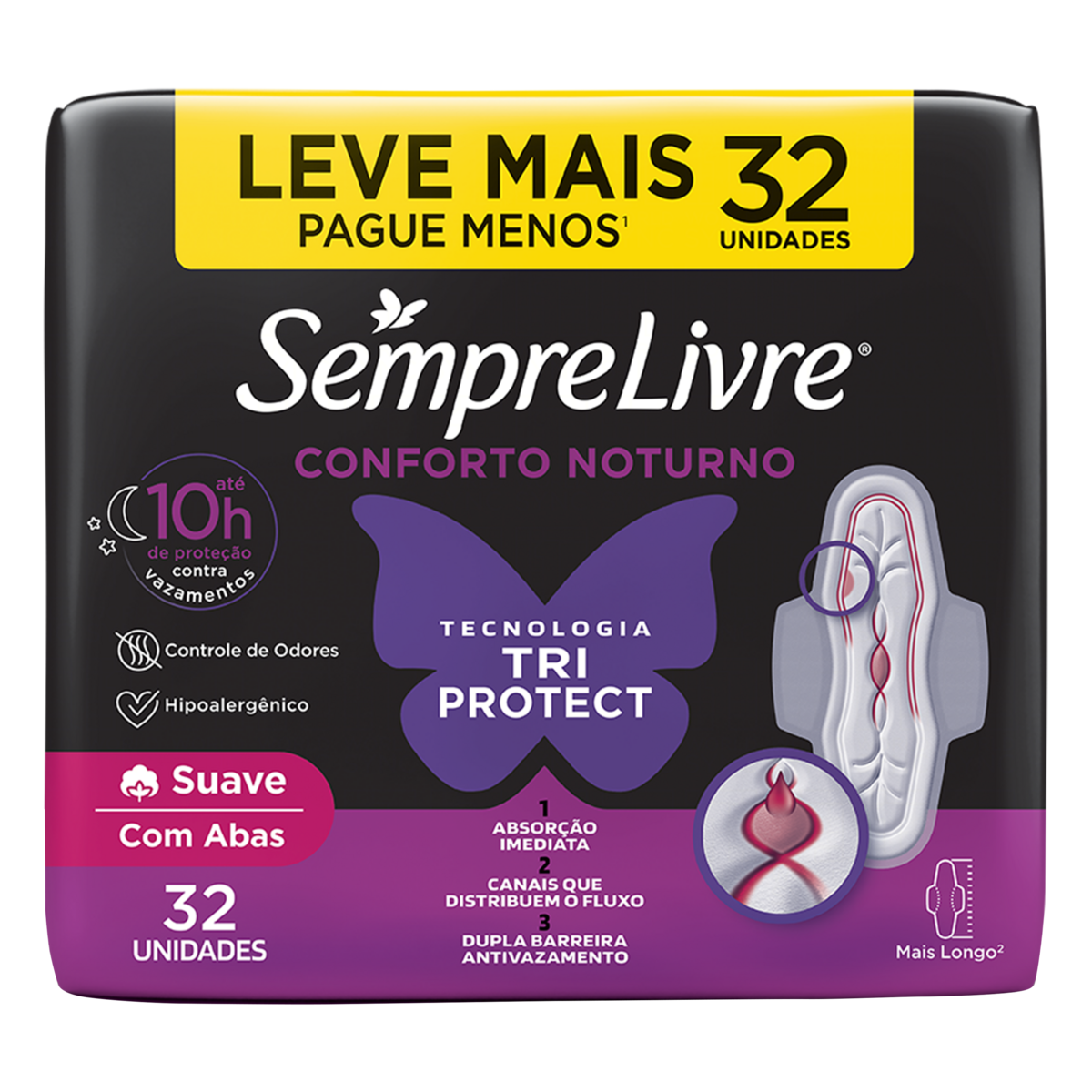 Absorvente com Abas Suave Conforto Noturno Sempre Livre Pacote C/32 Unidades - Embalagem Leve Mais Pague Menos
