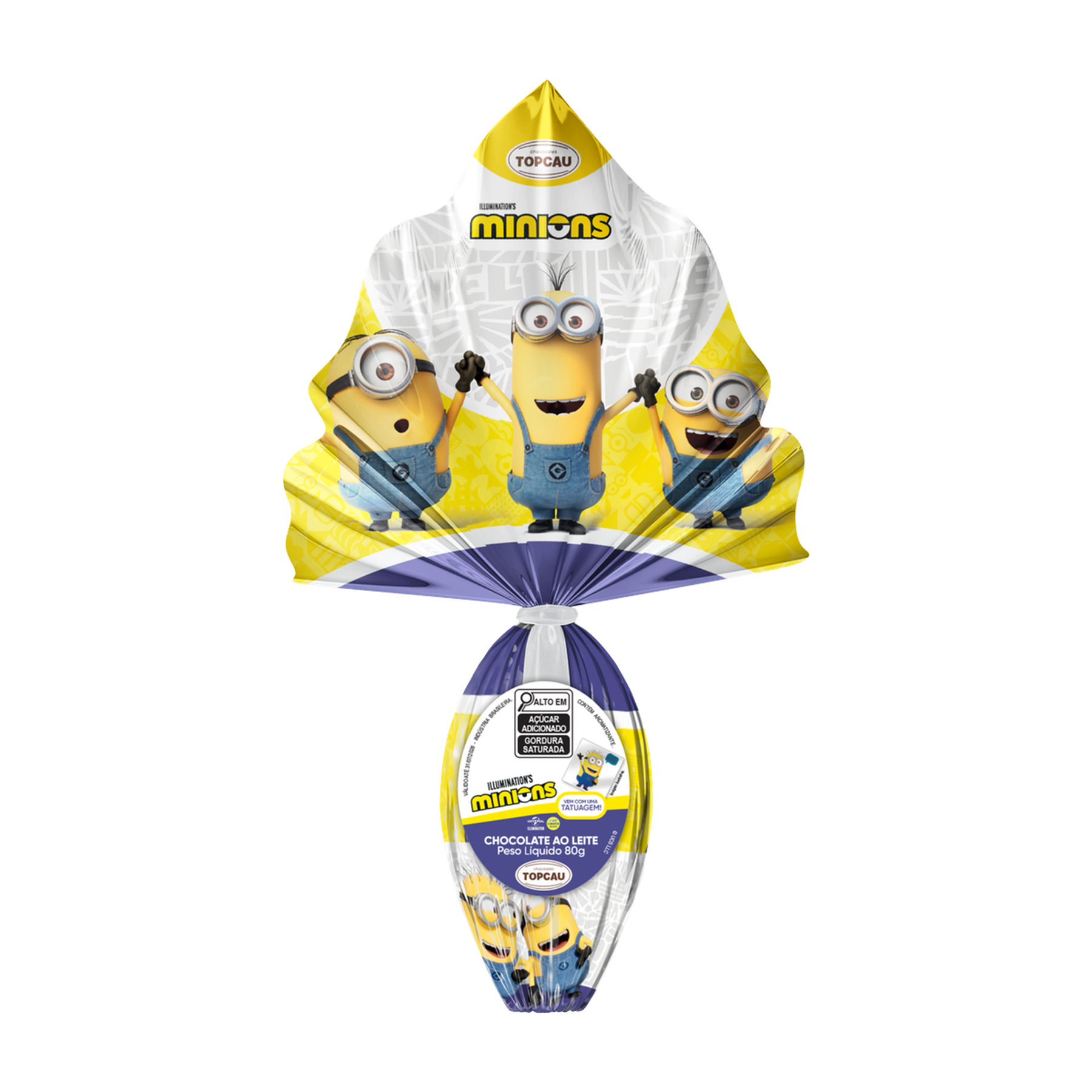 Ovo de P&aacute;scoa ao Leite Minions Topcau 80g Vem com Uma Tatuagem!