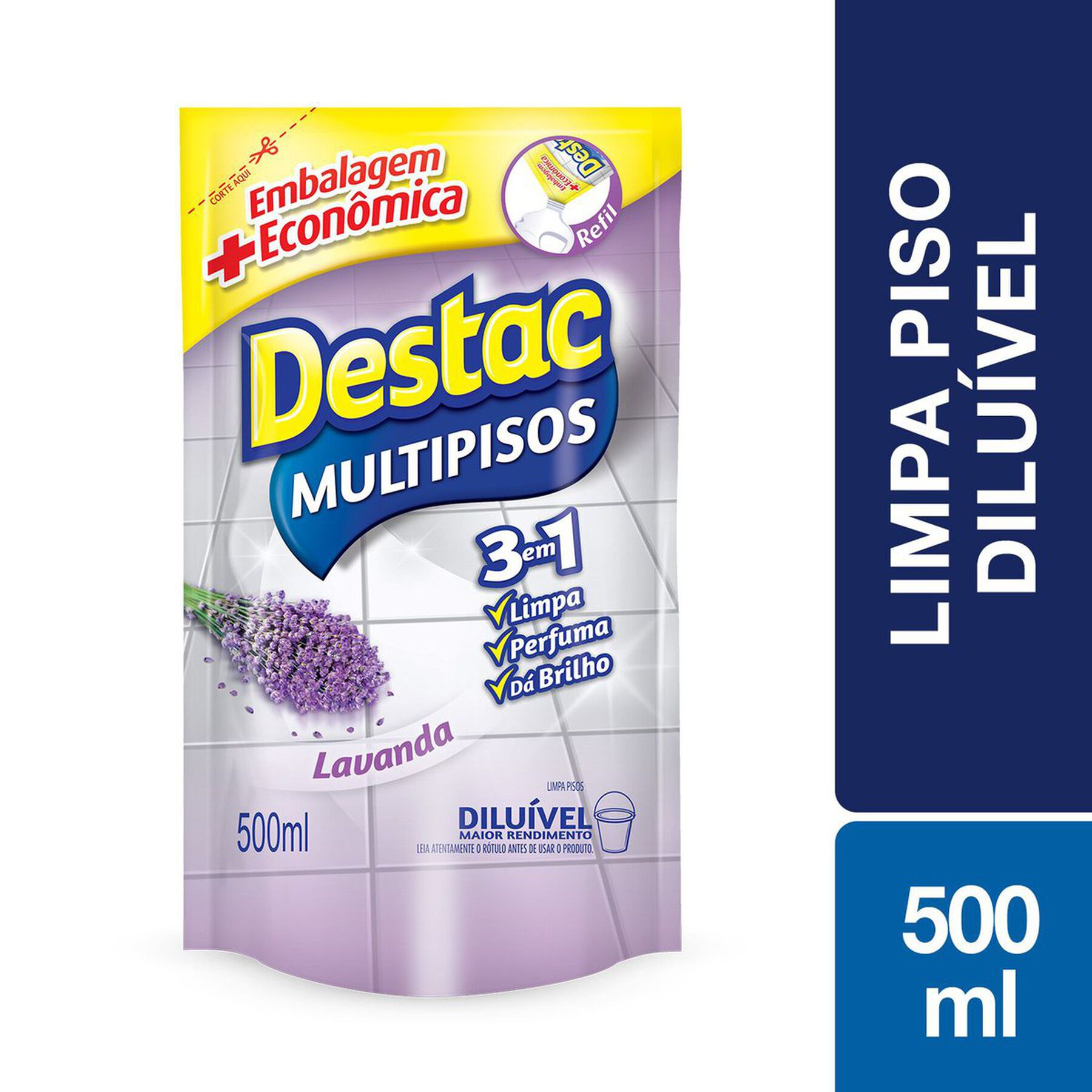 Limpador Multipisos Diluível Lavanda Destac Sachê 500ml Refil Embalagem Econômica