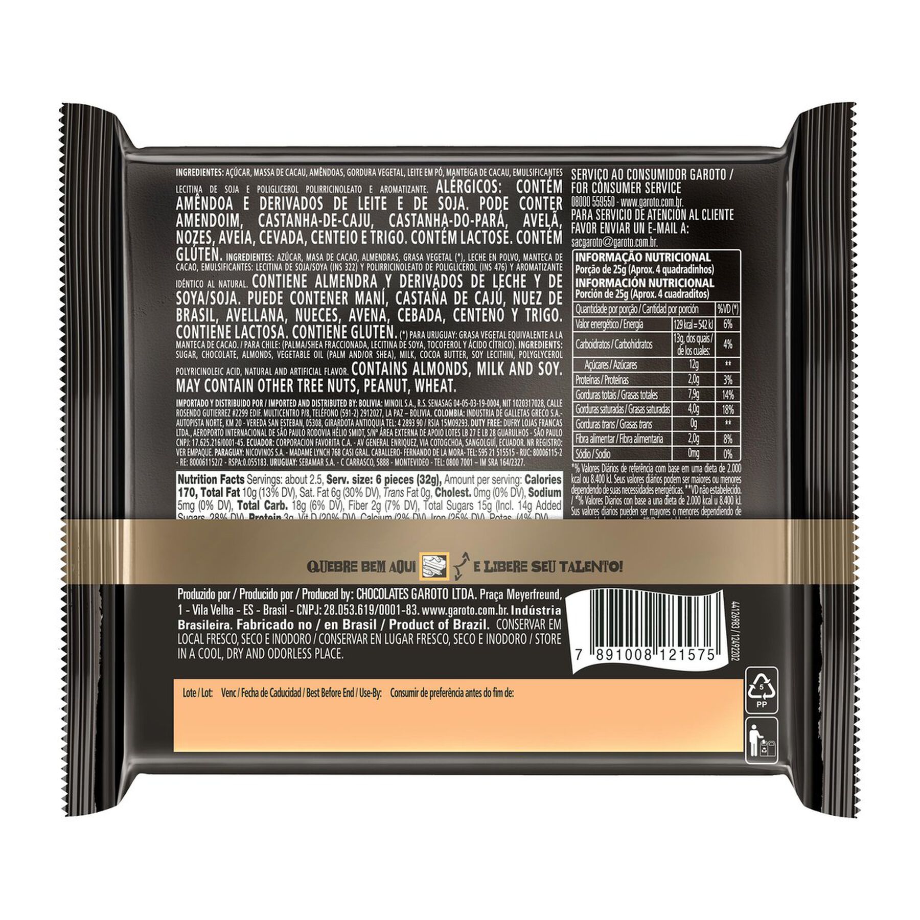 Chocolate Meio Amargo com Amêndoas Garoto Talento Pacote 85g