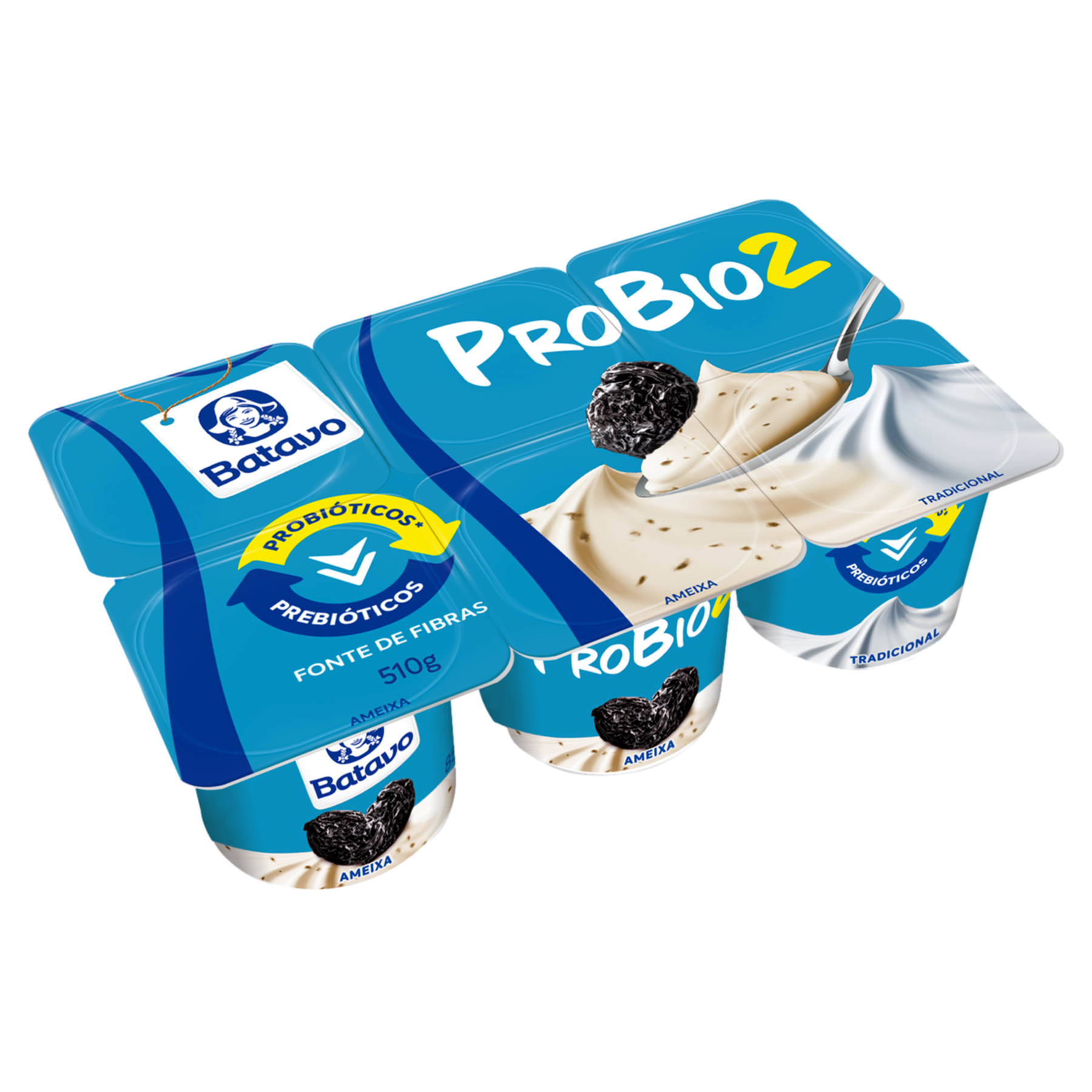 Iogurte Integral Ameixa + Tradicional ProBio2 Batavo Bandeja 510g 6 Unidades 85g Cada
