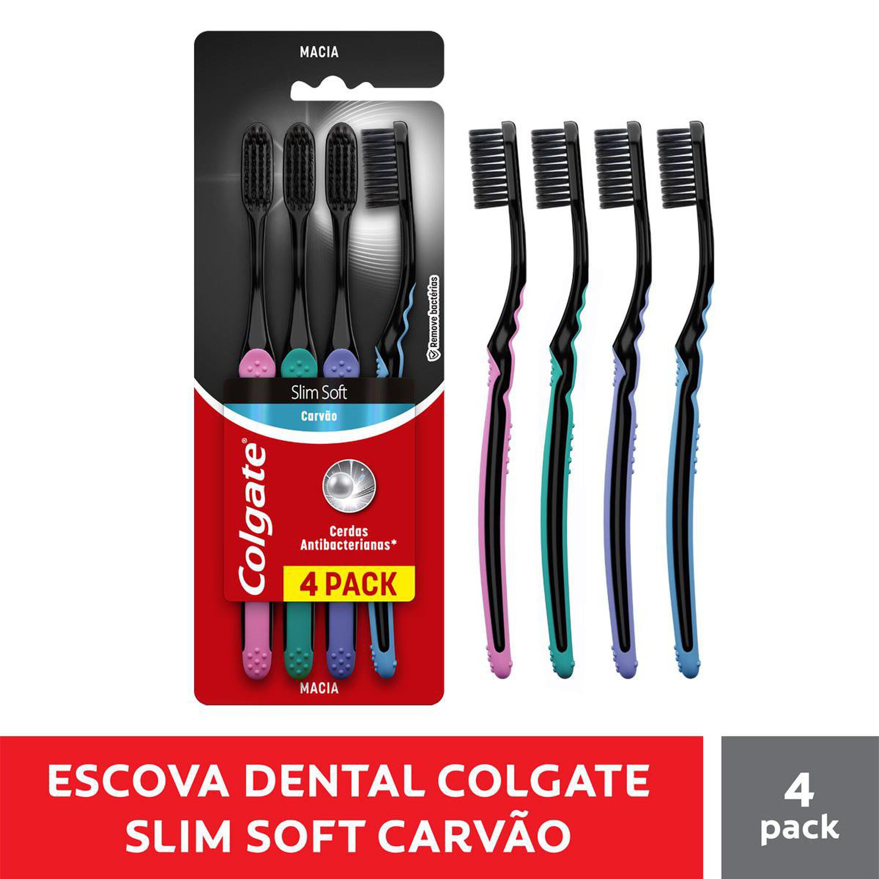 Escova Dental Macia Slim Soft Black Infus&atilde;o de Carv&atilde;o Colgate C/4 Unidades&nbsp;