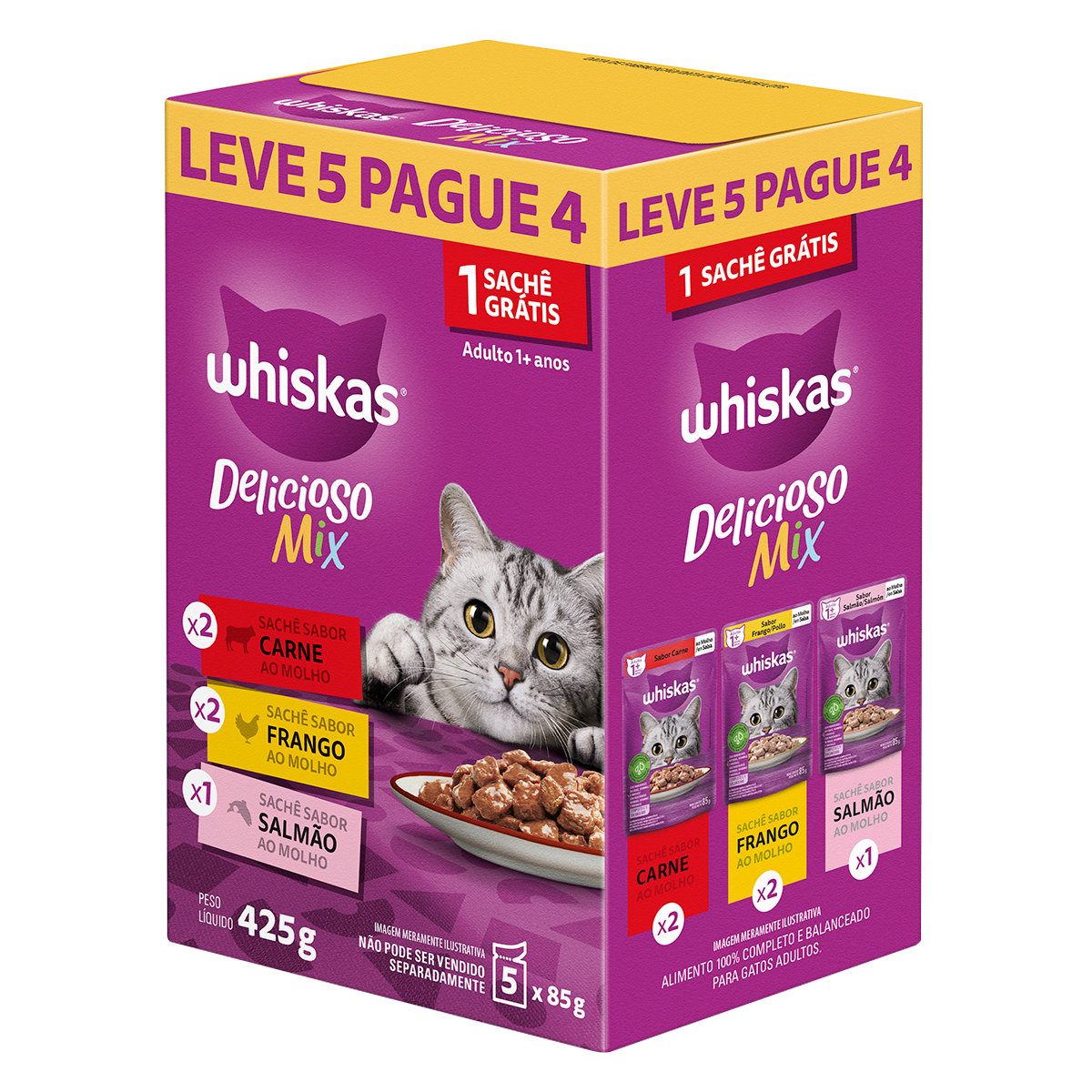Alimentos para Gatos Adultos (2 Carne + 2 Frango + 1 Salm&atilde;o) Delicioso Mix Whiskas Caixa 425g - Embalagem Leve 5 Pague 4