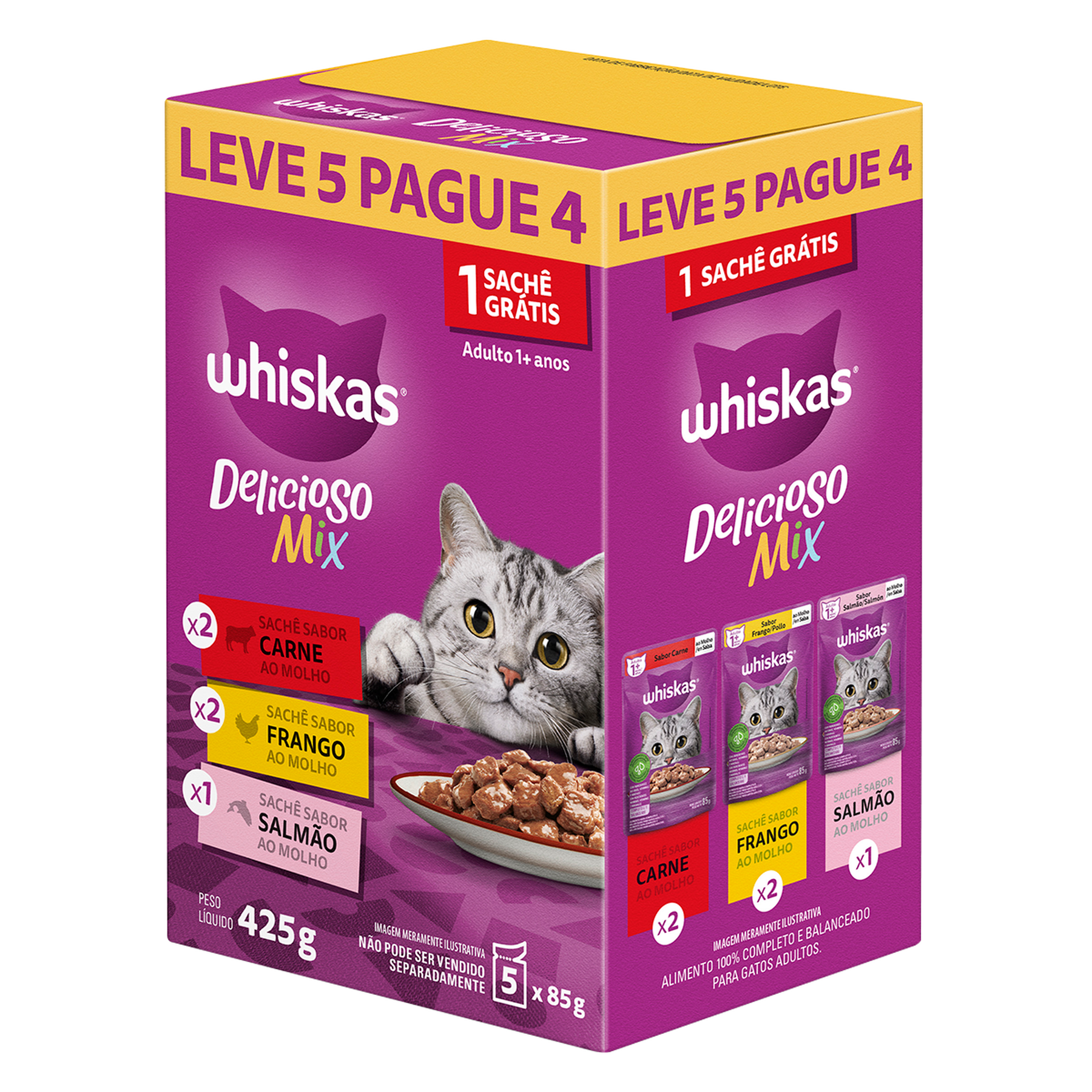 Alimentos para Gatos Adultos (2 Carne + 2 Frango + 1 Salmão) Delicioso Mix Whiskas Caixa 425g - Embalagem Leve 5 Pague 4
