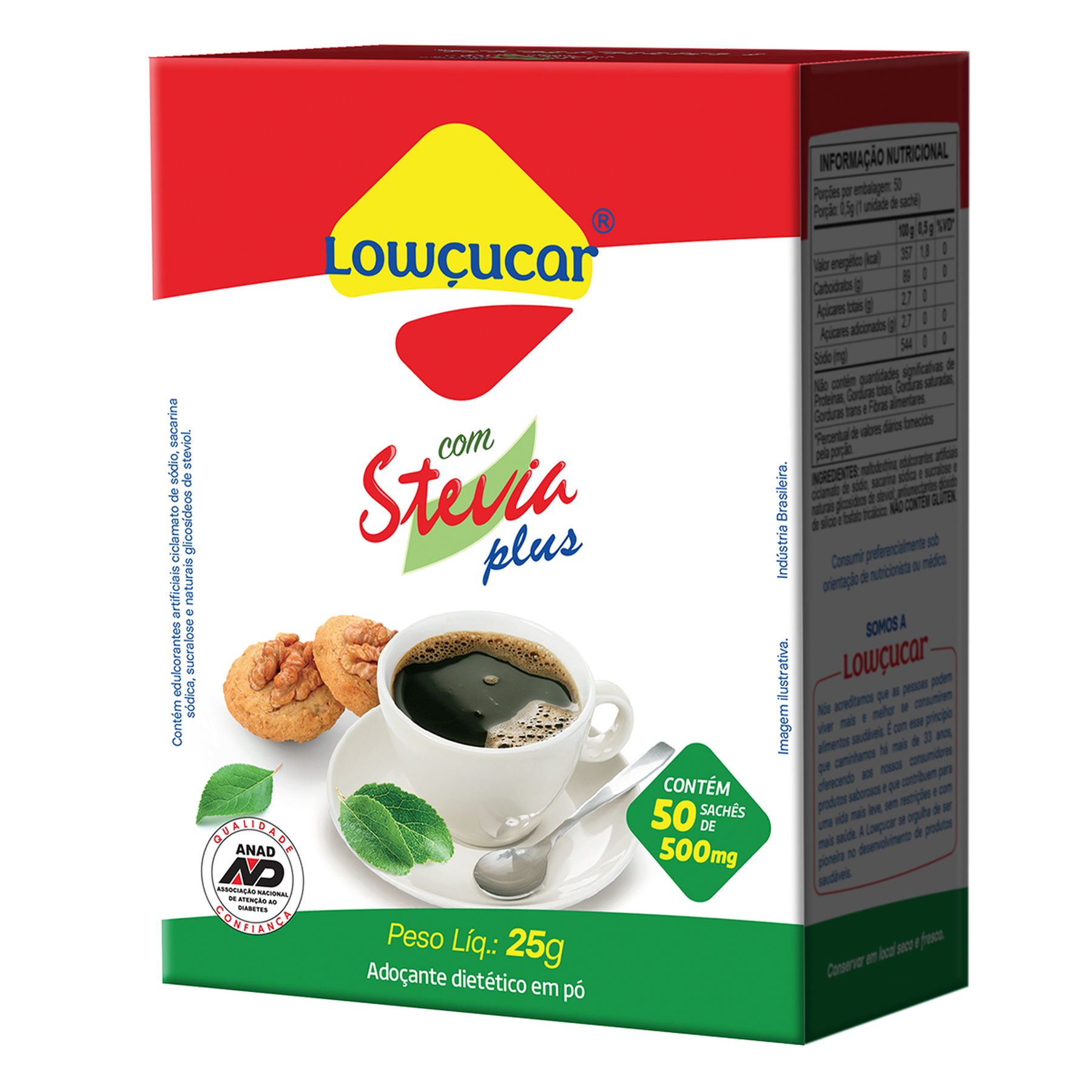 Adoçante em Pó Stevia Lowçucar Plus Caixa 25g C/50 Unidades