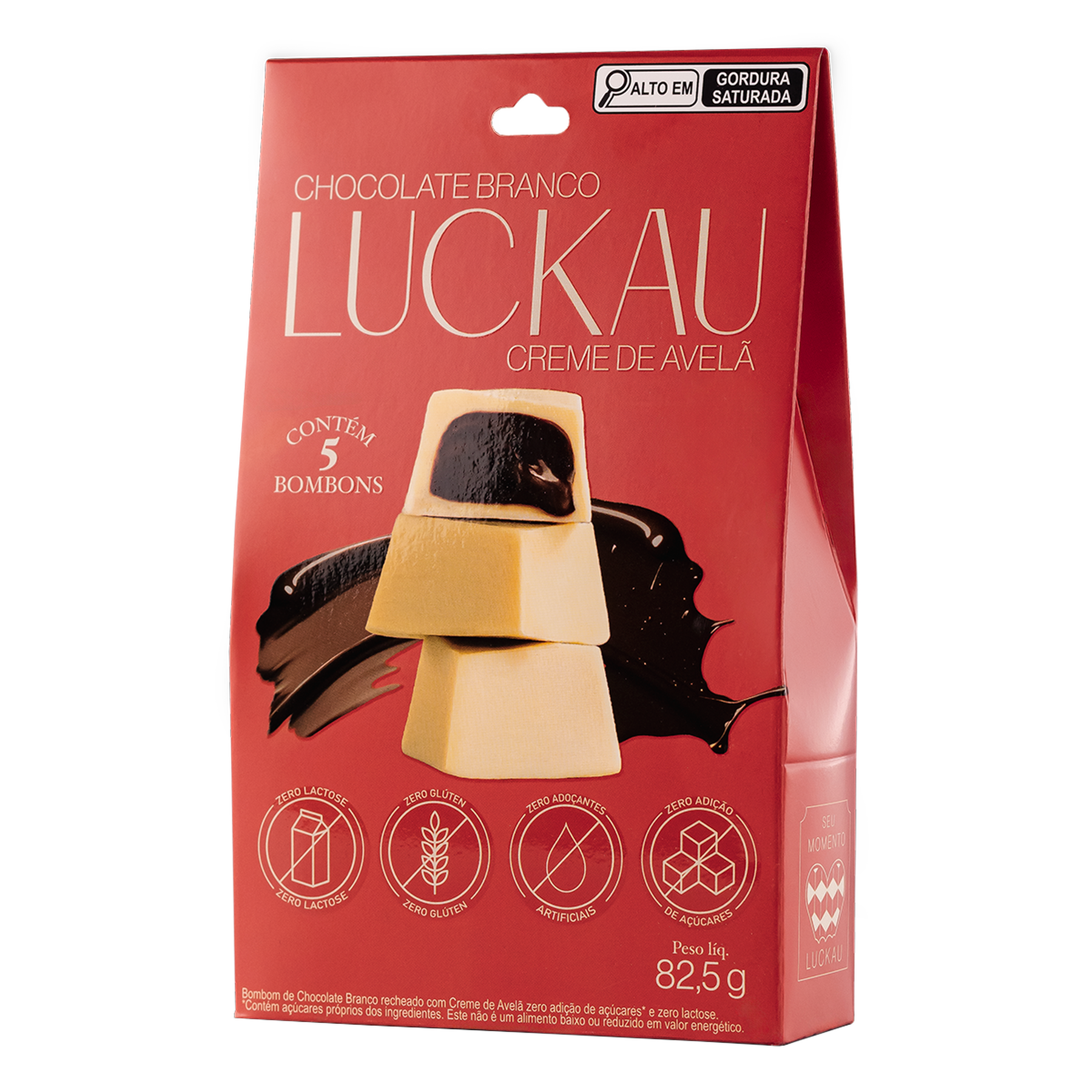 Bombom Chocolate Branco Recheio Creme de Avel&atilde; Zero Luckau Caixa 82,5g C/5 Unidades