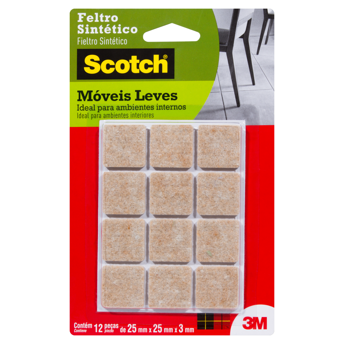 Feltro Protetor Sint&eacute;tico Quadrado Marrom Scotch P 25x25x3mm C/12 Unidades