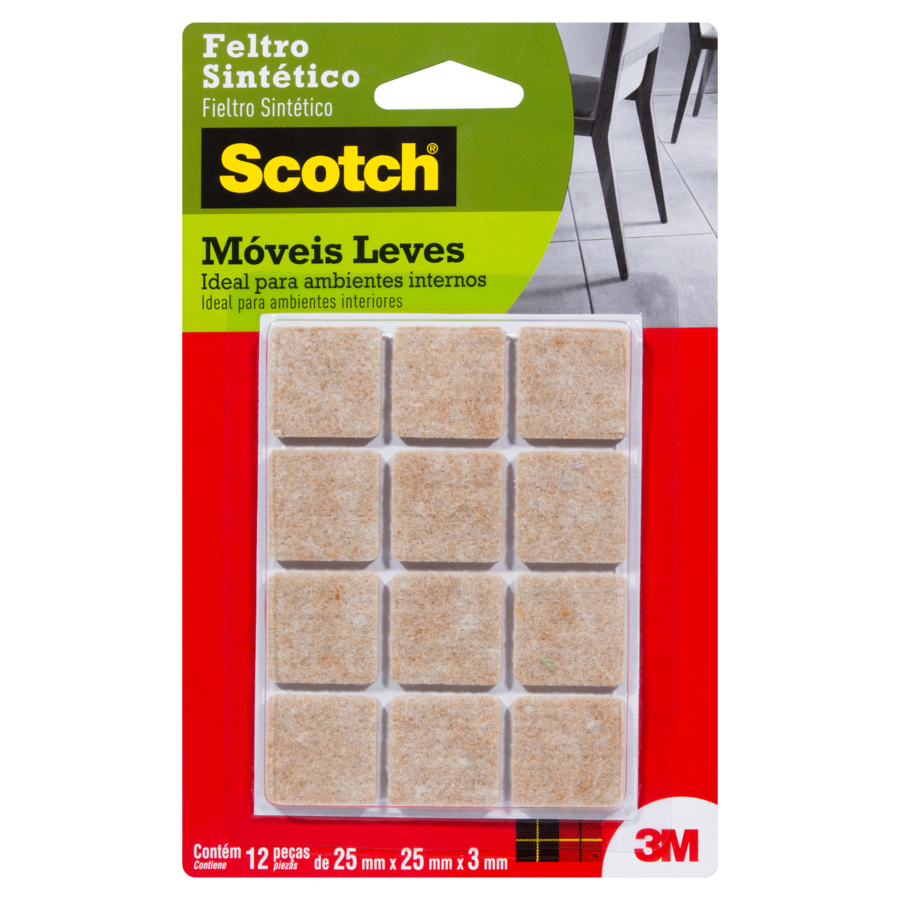 Feltro Protetor Sint&eacute;tico Quadrado Marrom Scotch P 25x25x3mm C/12 Unidades