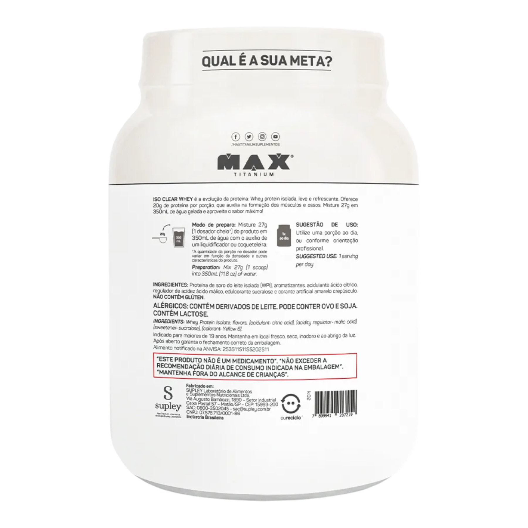 Suplemento em P&oacute; Morango com Laranja Iso Clear Whey Max Titanium Pote 405g