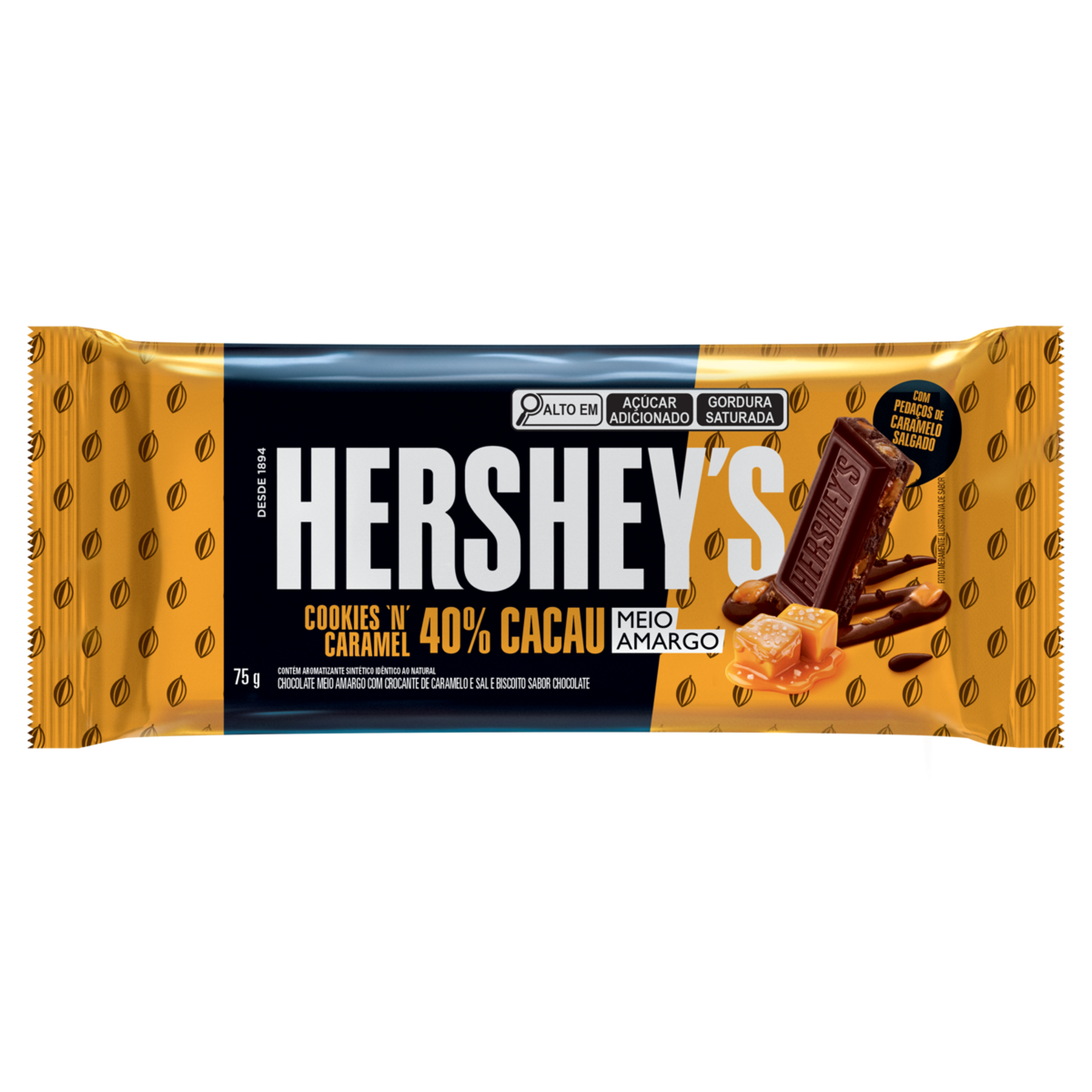 Chocolate Meio Amargo 40% Cacau Cookies 'n' Caramel Hershey's Pacote 75g