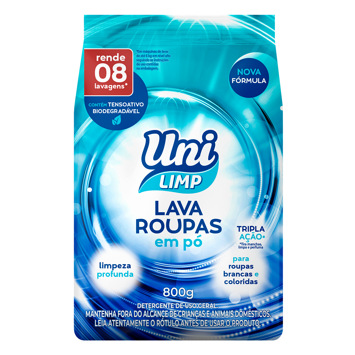 Lava Roupas em P&oacute; Uni Limp Pacote 800g