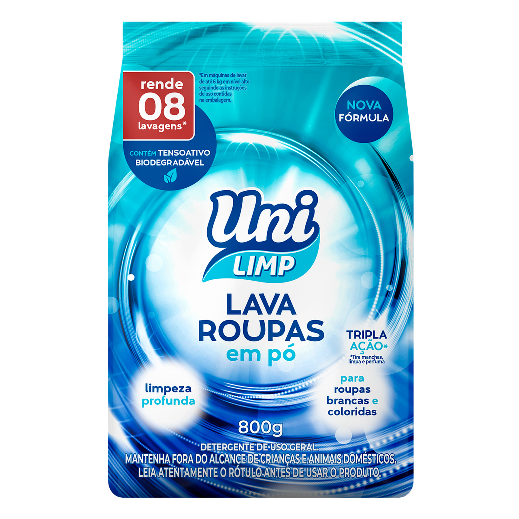 Lava Roupas em P&oacute; Uni Limp Pacote 800g