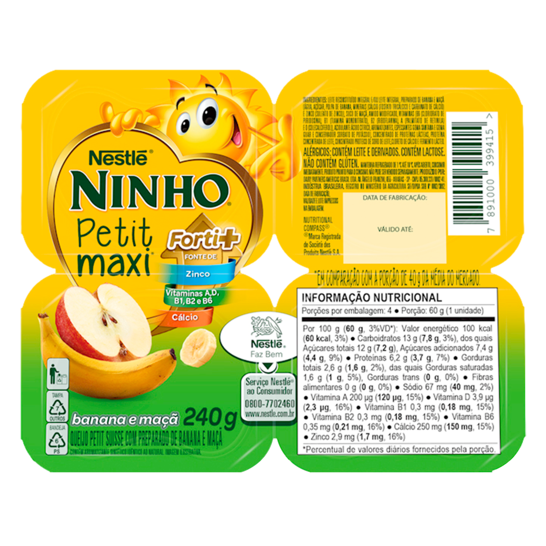 Nestlé Ninho Petit Maxi Forti+ Banana e Maçã Bandeja 240g com 4 Unidades  - Petit Suisse
