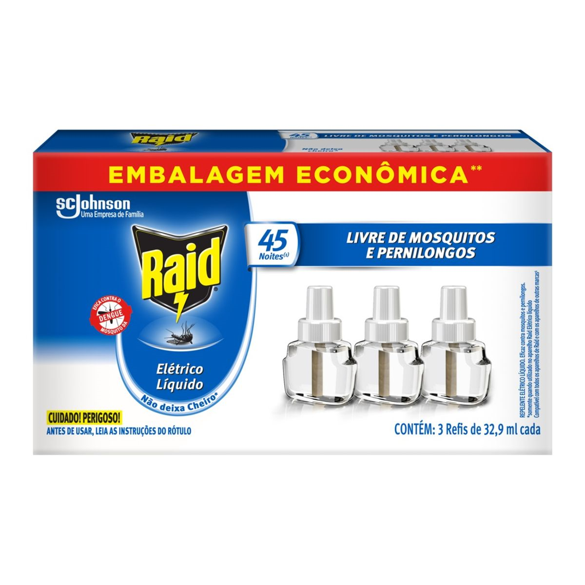 Repelente L&iacute;quido El&eacute;trico 45 Noites Raid Caixa C/3 Unidades Refil 32,9ml Cada - Embalagem Econ&ocirc;mica