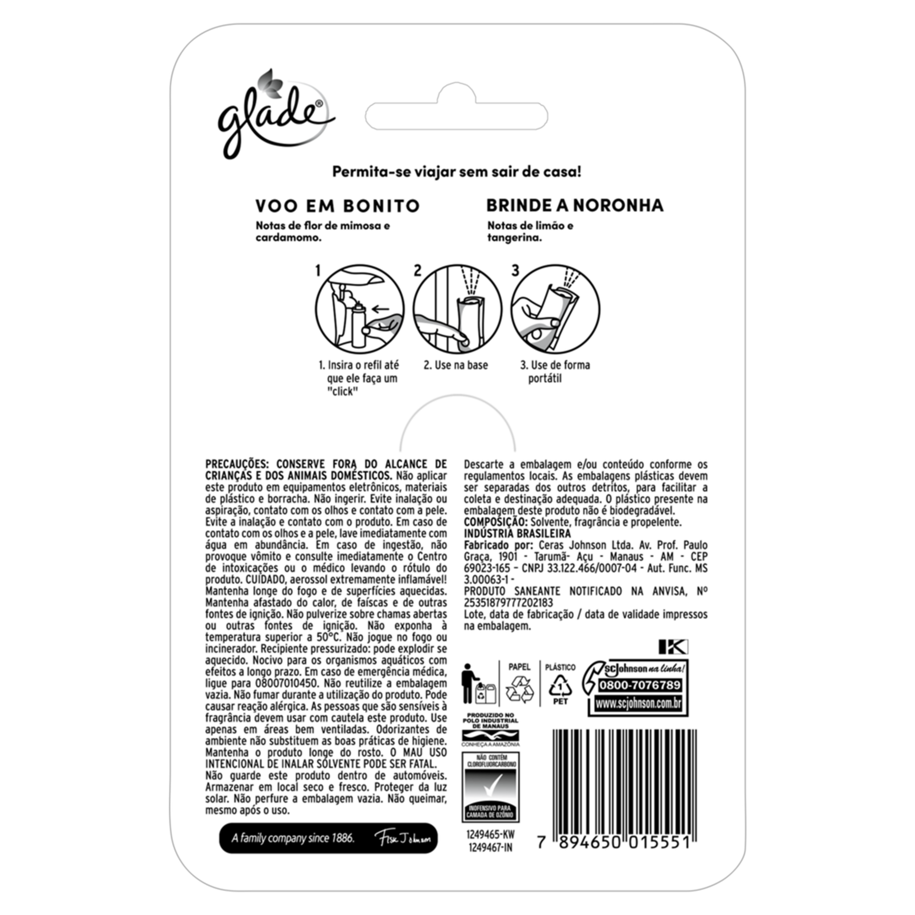 Kit 2 Odorizadores de Ambiente Voo em Bonito + 1 Brinde a Noronha Glade Toque de Frescor 12ml Cada Refil