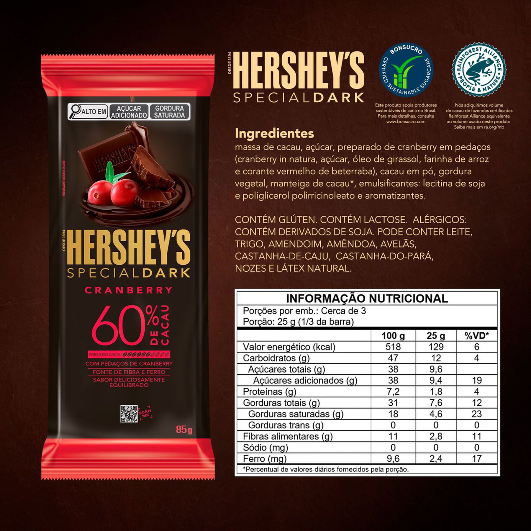 Chocolate Amargo 60% Cacau Cranberry Hersheys Special Dark Pacote 85g
