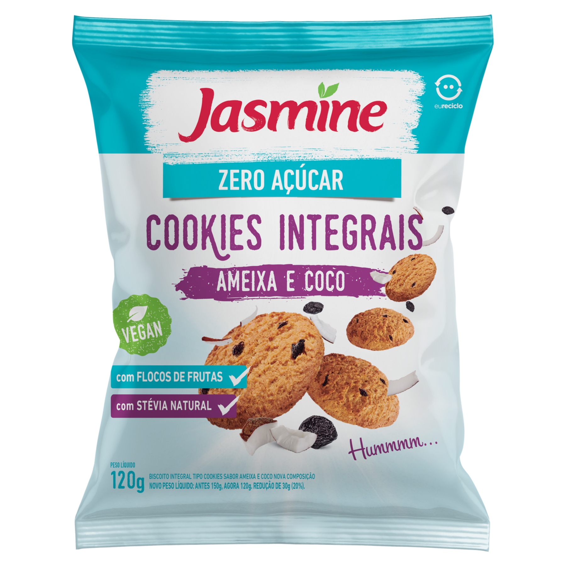 Biscoito Cookie Integral Ameixa e Coco Zero Açúcar Jasmine Pacote 120g