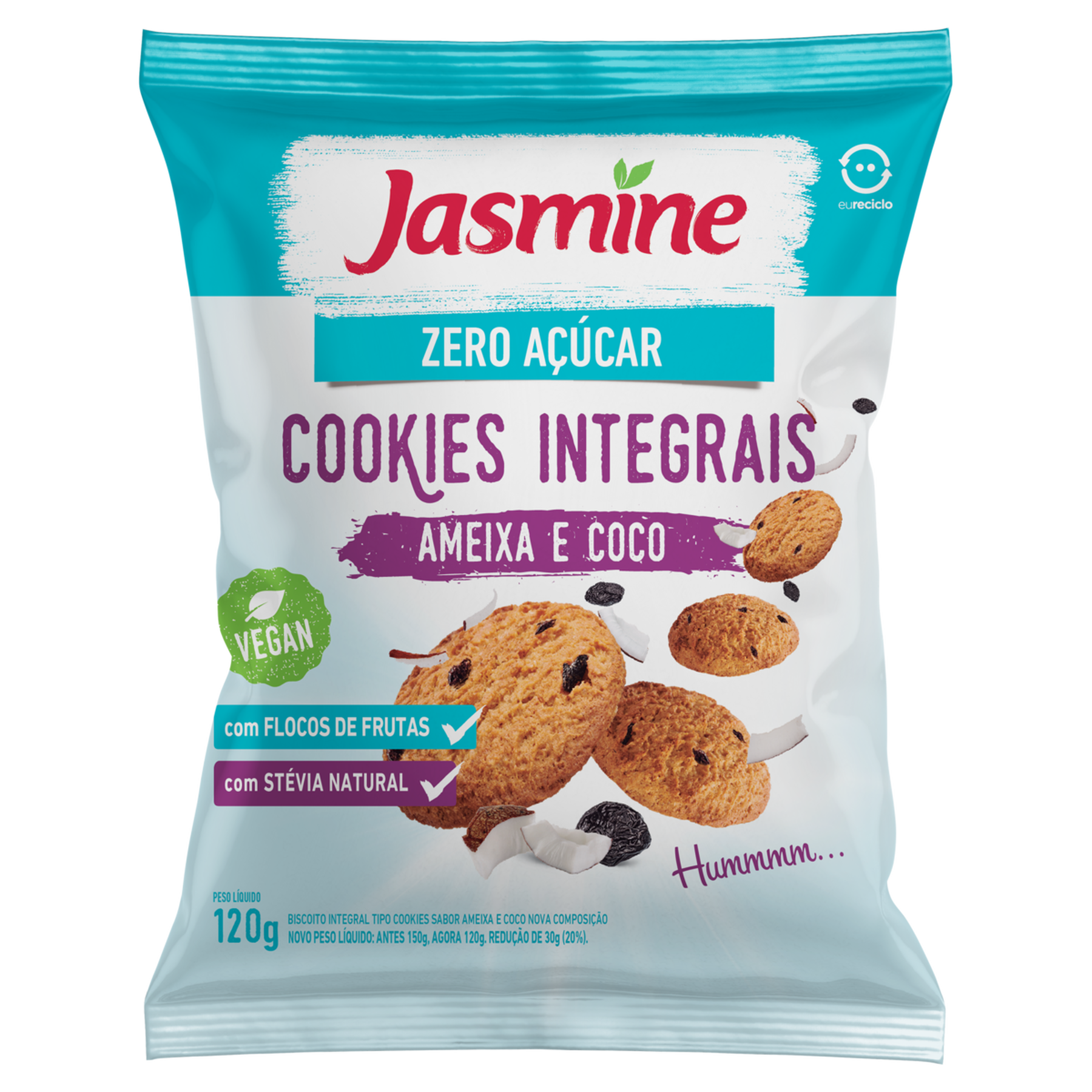 Biscoito Cookie Integral Ameixa e Coco Zero Açúcar Jasmine Pacote 120g