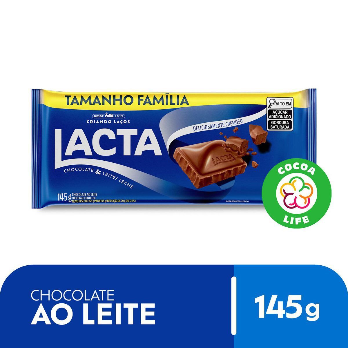 Barra de Chocolate ao Leite Lacta Pacote 145g - Embalagem Tamanho Fam&iacute;lia