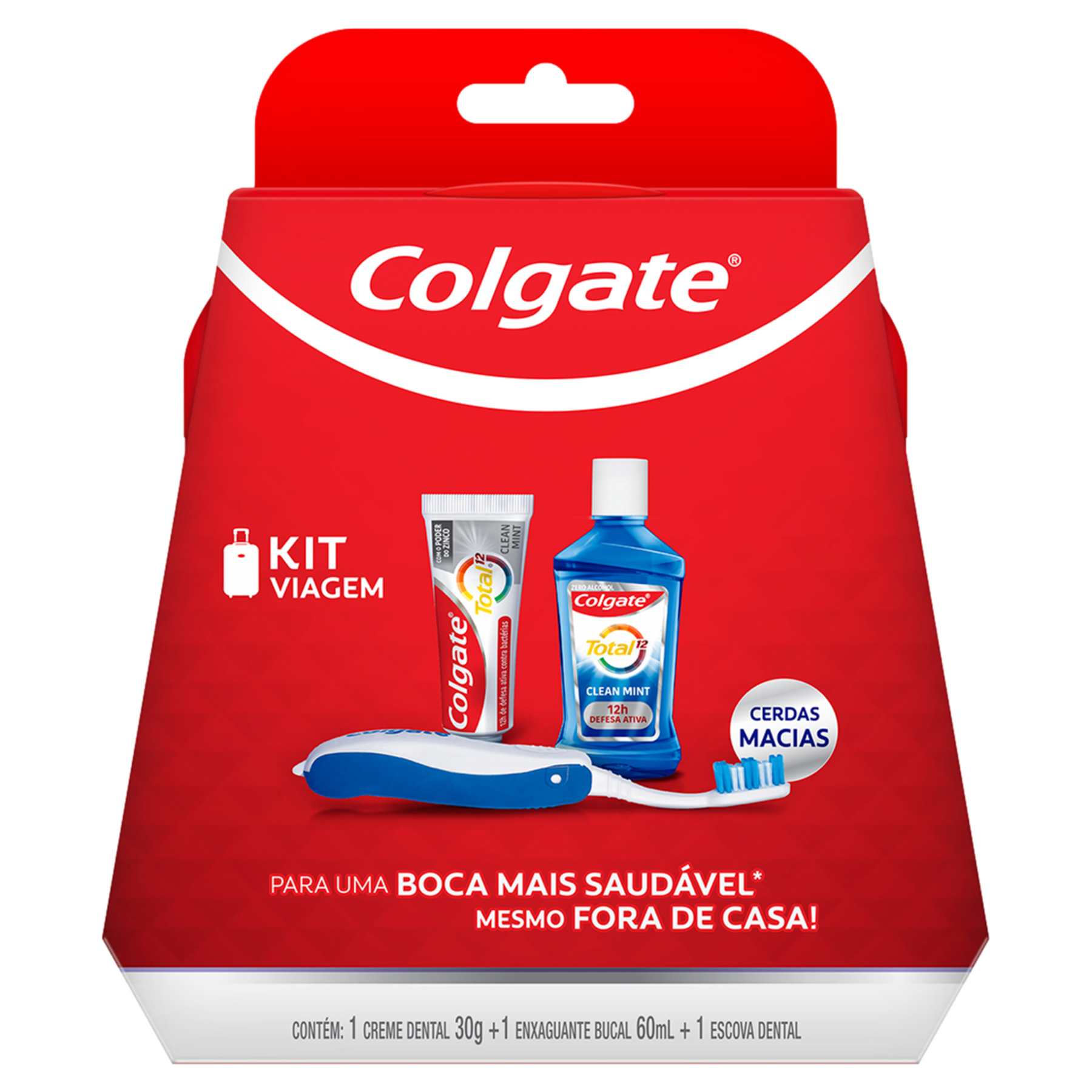 Kit Viagem Creme Dental Anticárie Clean Mint 30g + Enxaguante Bucal Antibacteriano Clean Mint 60ml + Escova Dental Macia + Estojo Colgate Total 12