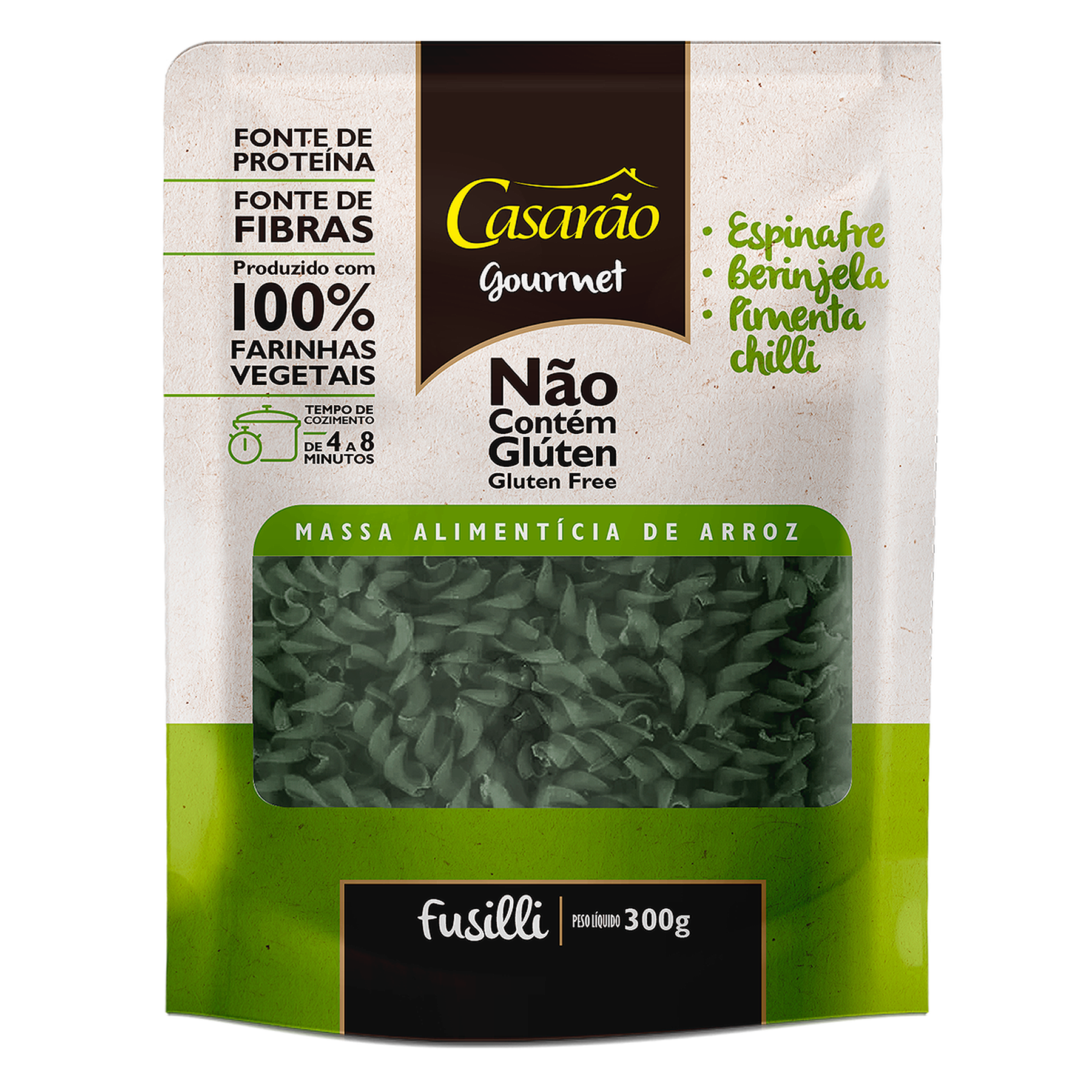Macarr&atilde;o Fusilli Espinafre e Berinjela Sem Gl&uacute;ten Casar&atilde;o Gourmet Pacote 300g