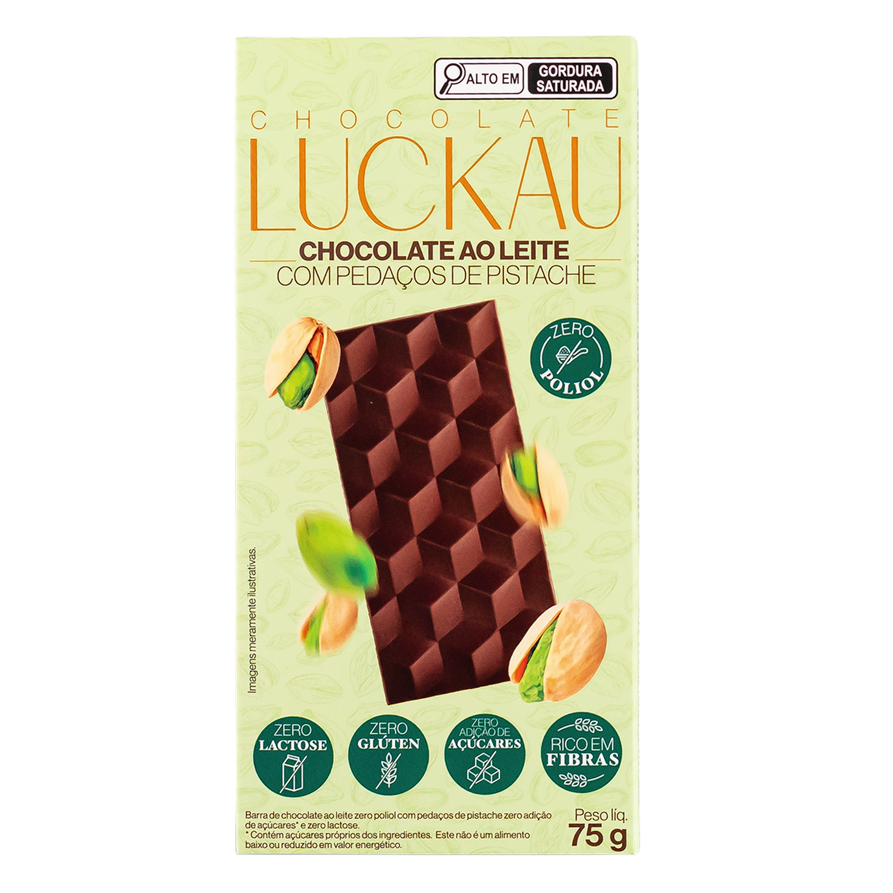 Chocolate ao Leite com Peda&ccedil;os de Pistache Zero Luckau 75g&nbsp;