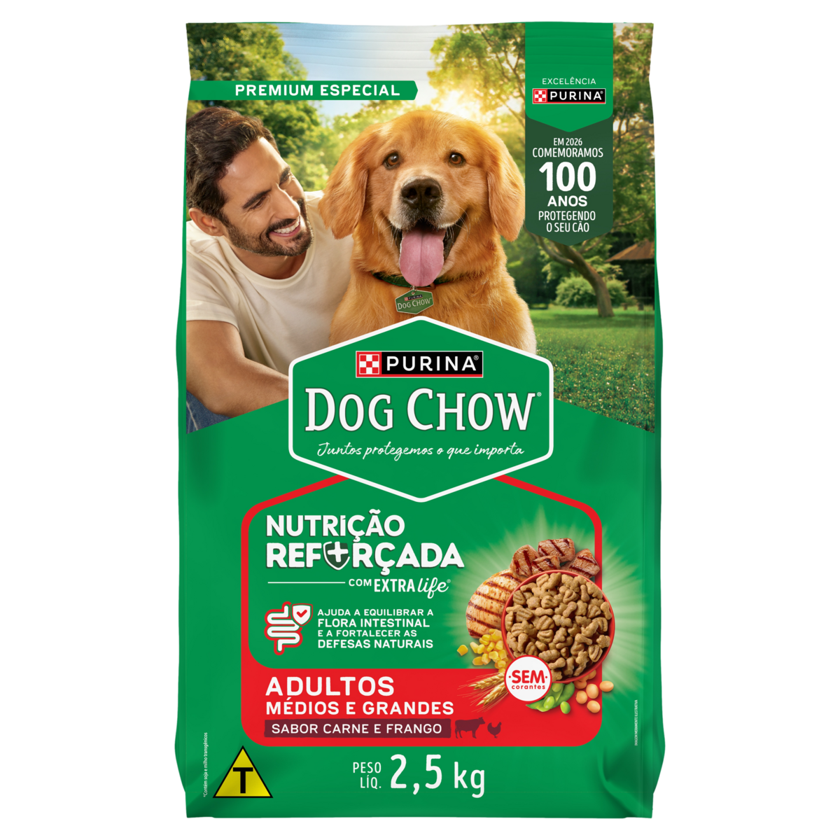 Alimento para C&atilde;es Adultos Ra&ccedil;as M&eacute;dias e Grandes Carne e Frango Purina Dog Chow Nutri&ccedil;&atilde;o Refor&ccedil;ada com Extra Life Pacote 2,5kg