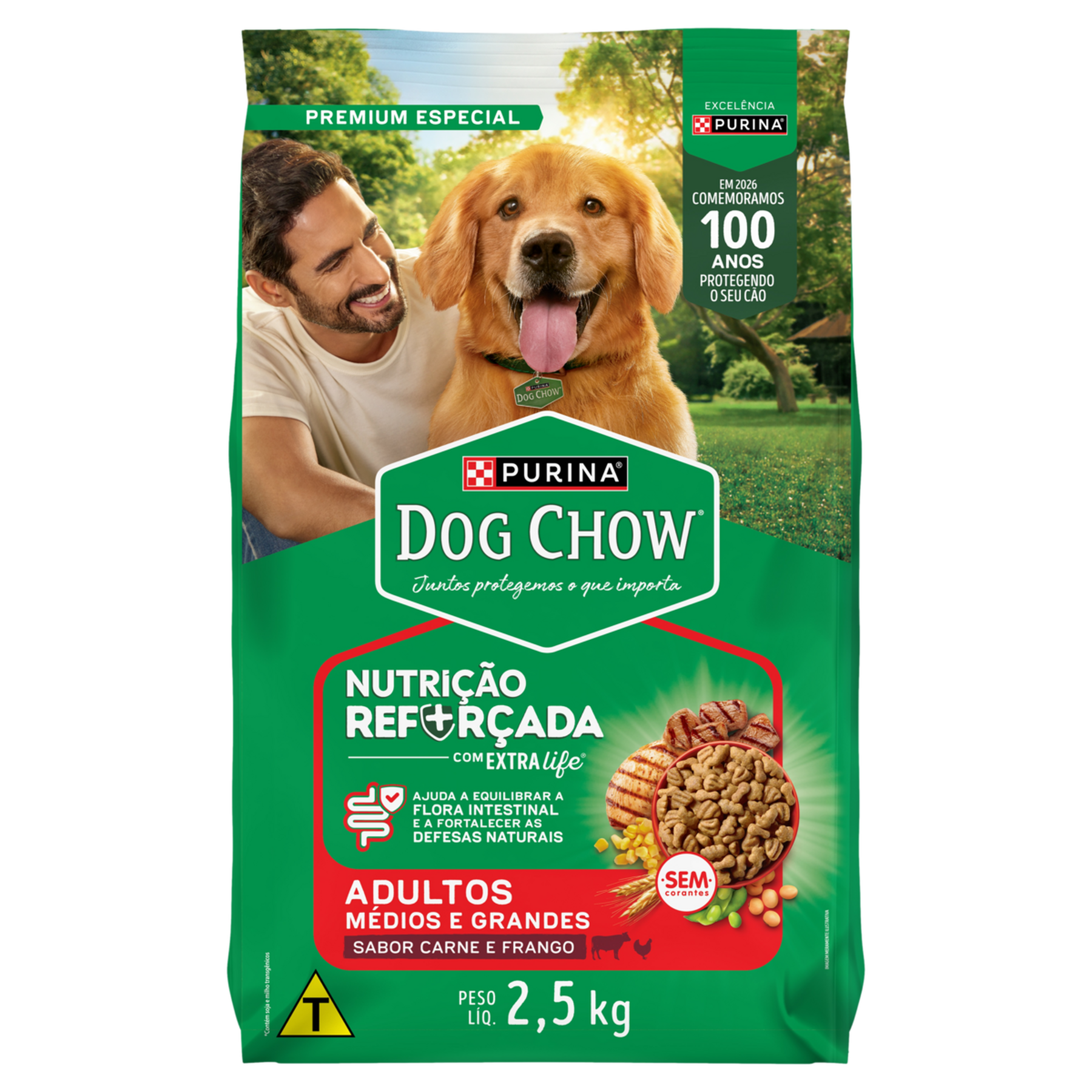 Alimento para Cães Adultos Raças Médias e Grandes Carne e Frango Purina Dog Chow Nutrição Reforçada com Extra Life Pacote 2,5kg