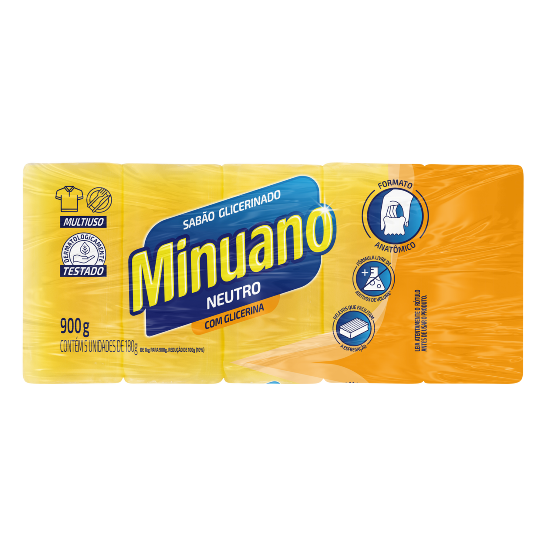 Sabão em Barra Glicerinado Multiuso Neutro Minuano Pacote 900g C/5 Unidades
