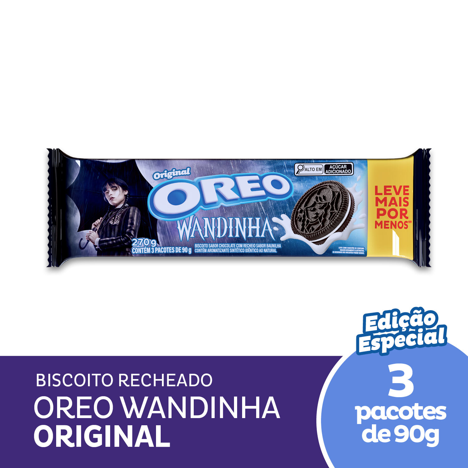 Pack Biscoito Chocolate Recheio Baunilha Oreo Pacote 270g 3 Unidades