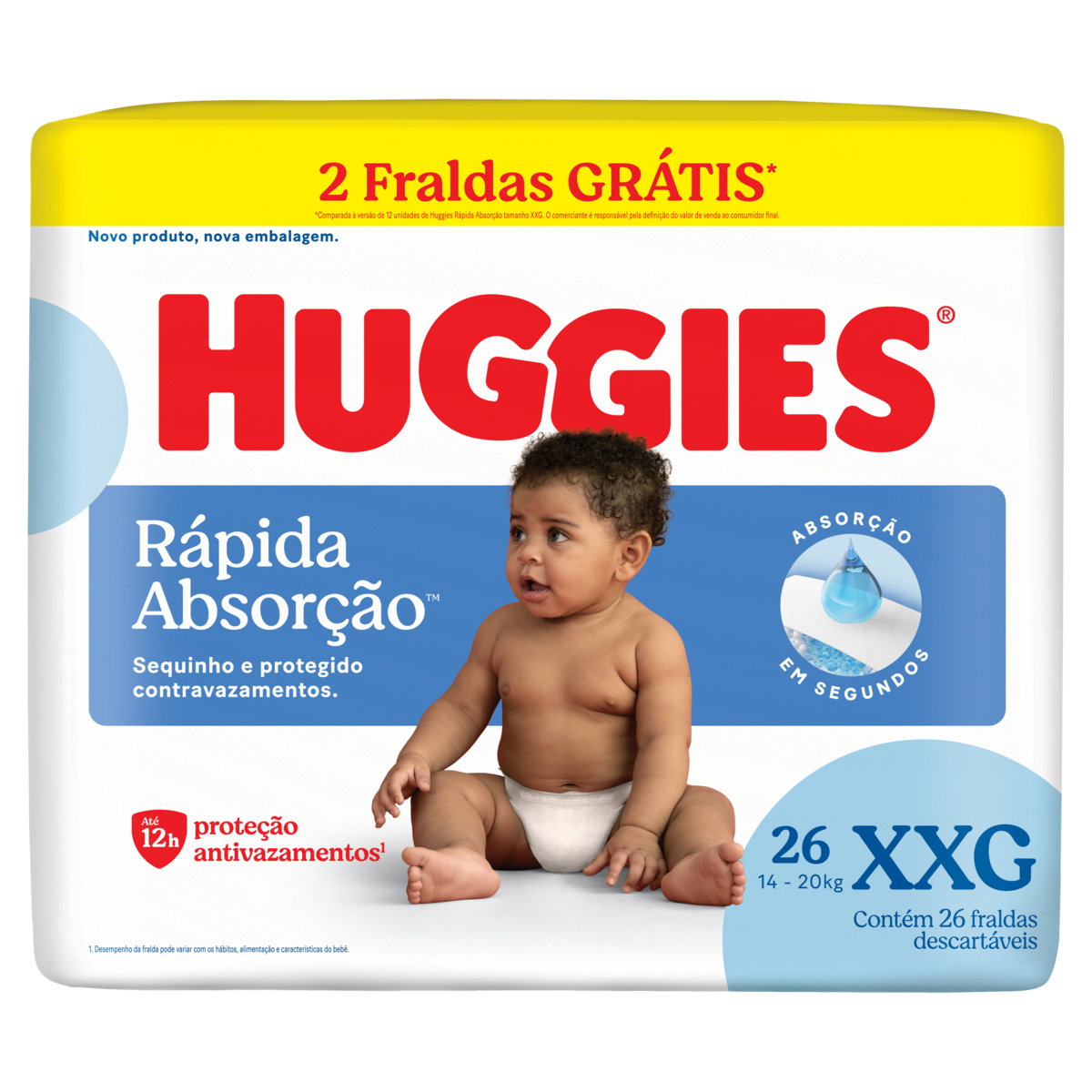 Fralda Descart&aacute;vel Infantil R&aacute;pida Absor&ccedil;&atilde;o Huggies XXG Pacote C/26 Unidades - Embalagem Gr&aacute;tis 2 Fraldas
