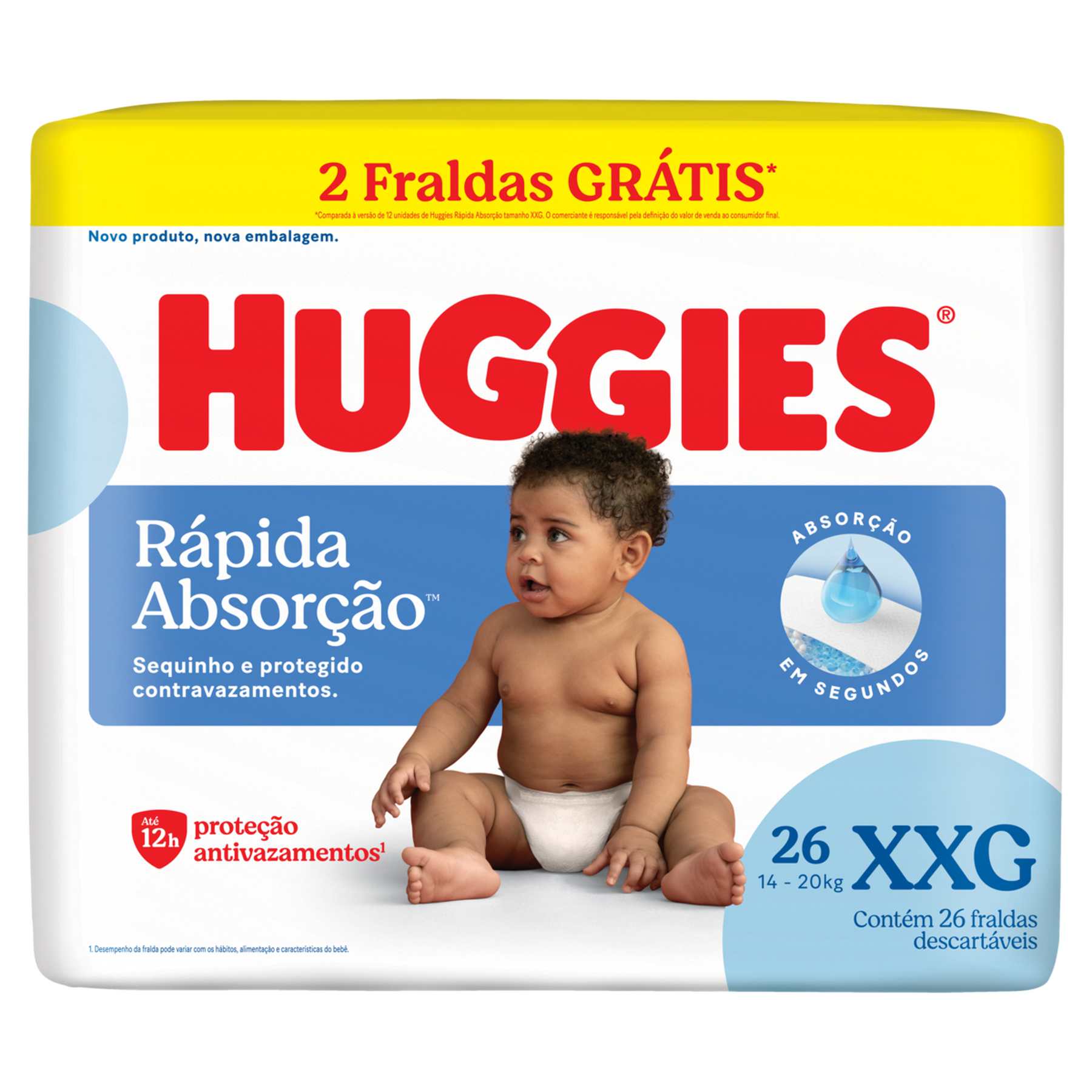 Fralda Descart&aacute;vel Infantil R&aacute;pida Absor&ccedil;&atilde;o Huggies XXG Pacote C/26 Unidades - Embalagem Gr&aacute;tis 2 Fraldas