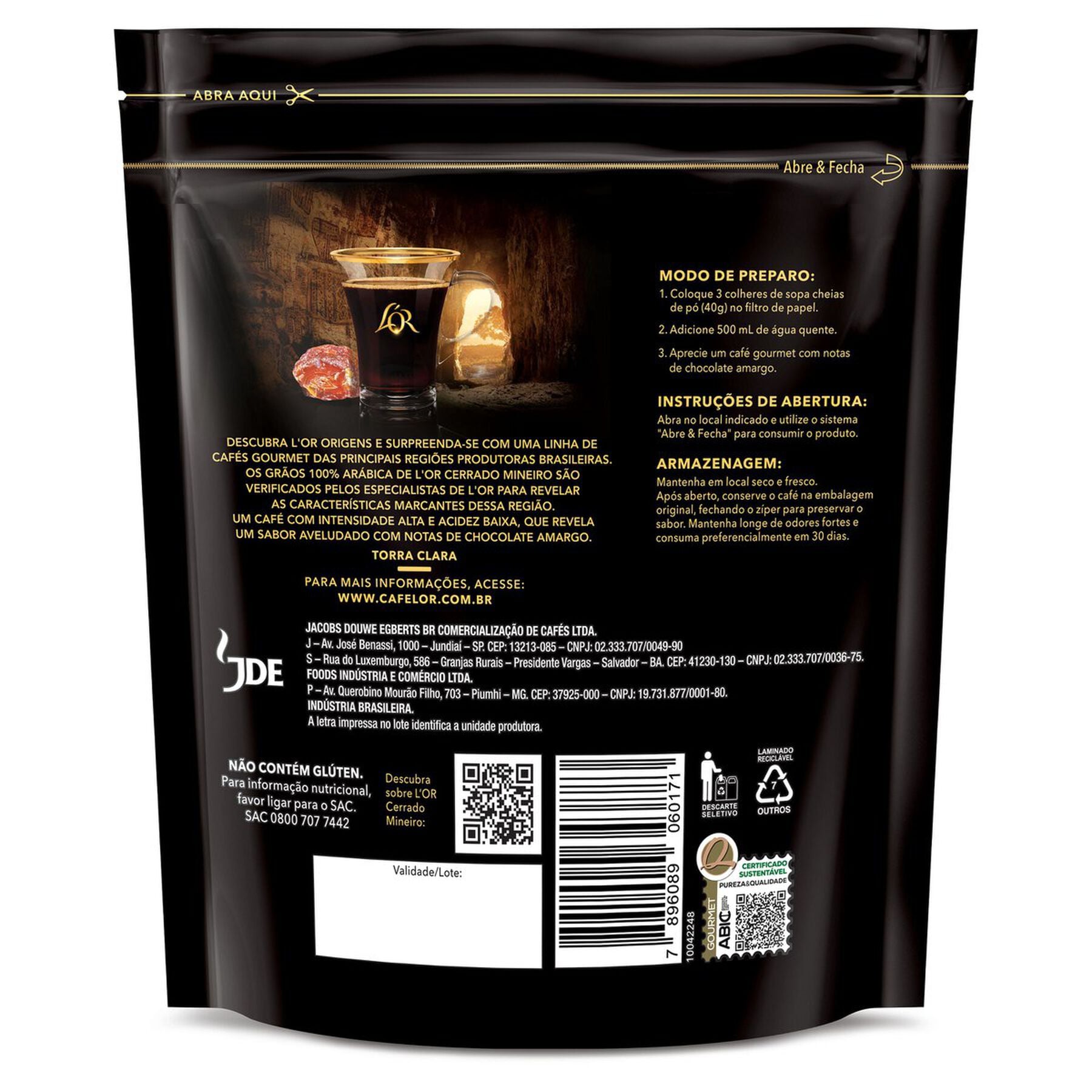 Caf&eacute; Torrado e Mo&iacute;do Cerrado Mineiro L'or Gourmet Pouch 250g