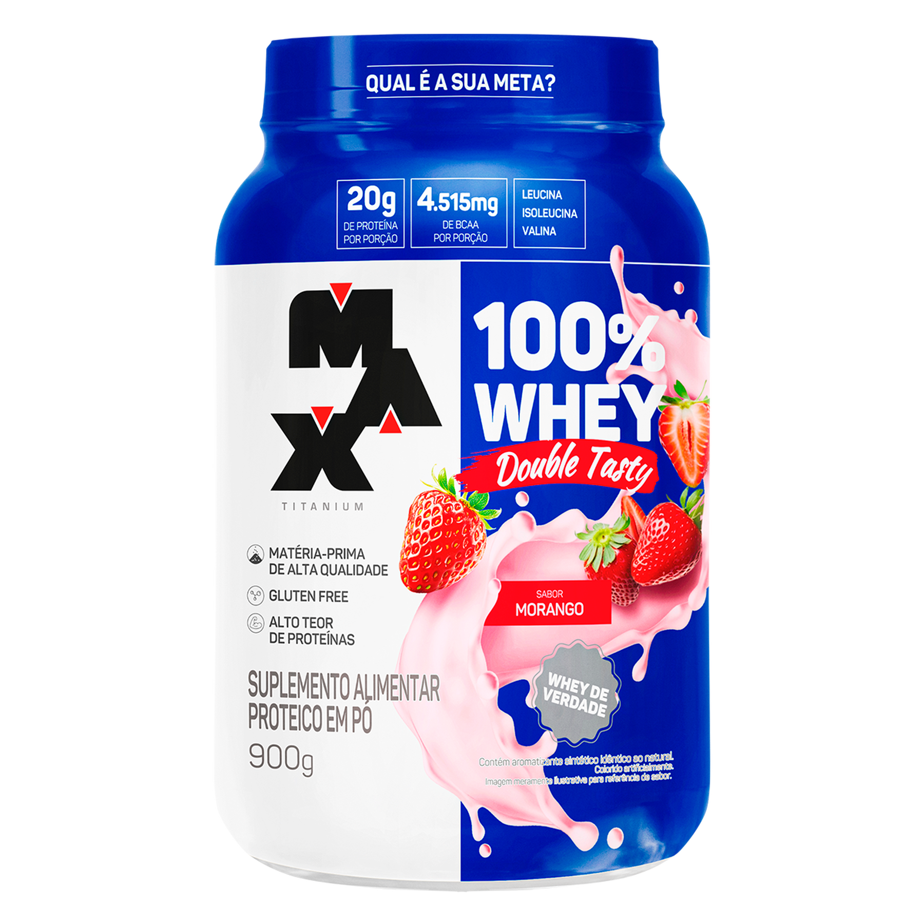Whey Protein Morango 100% Whey Double Tasty Max Titanium Pote 900g
