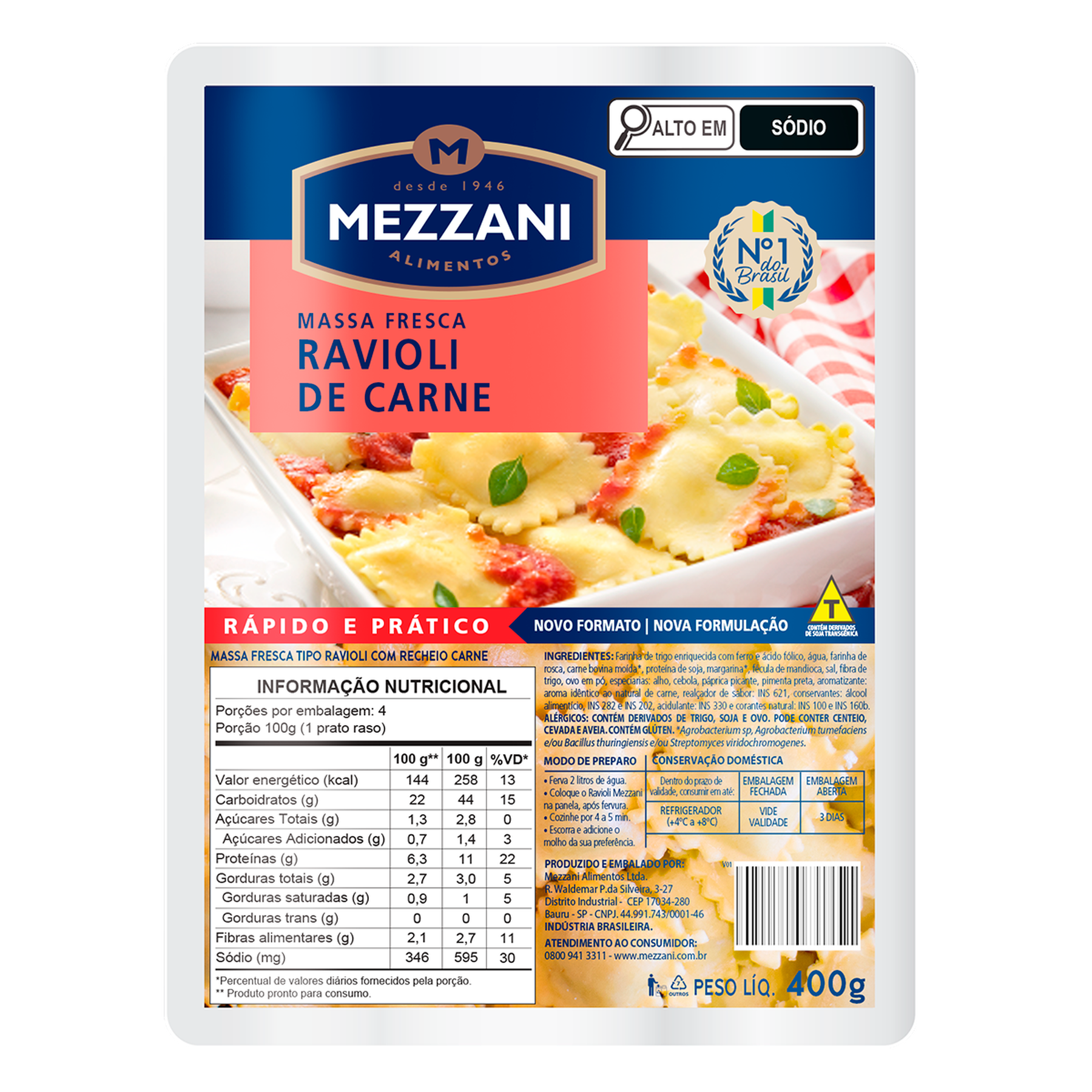 Ravioli Carne Mezzani Bandeja 400g