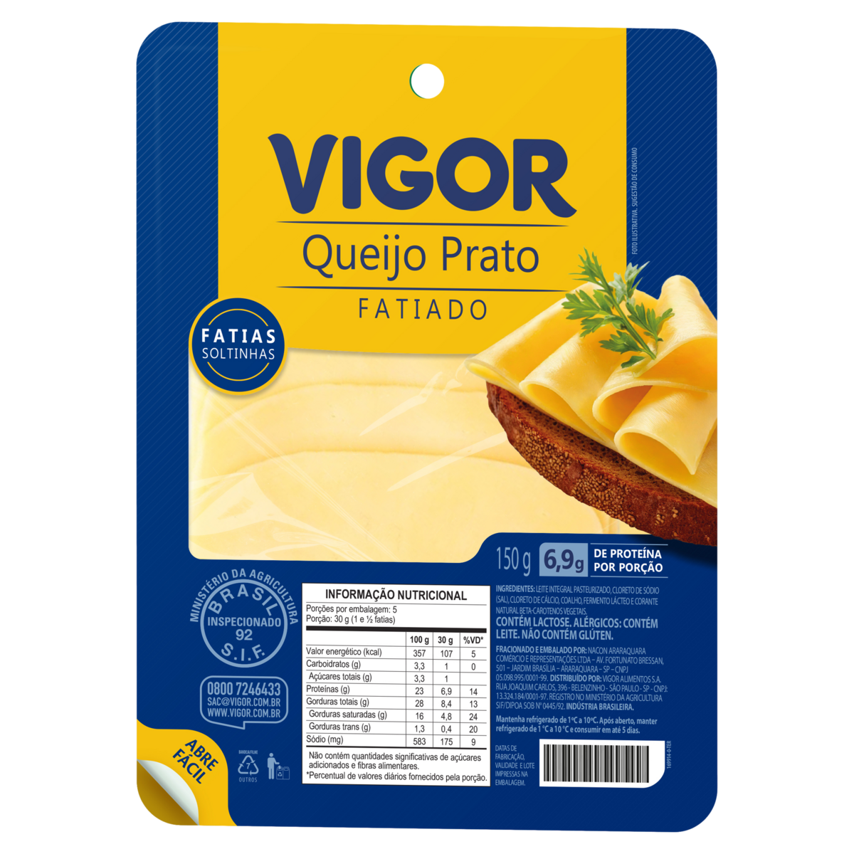 Queijo Prato Fatiado Vigor Bandeja 150g
