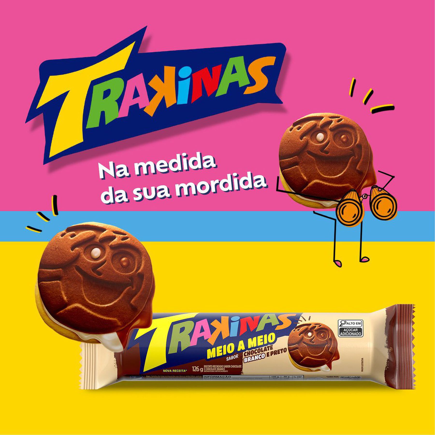 Biscoito Recheio Chocolate Branco e Preto Trakinas Meio a Meio Pacote 126g
