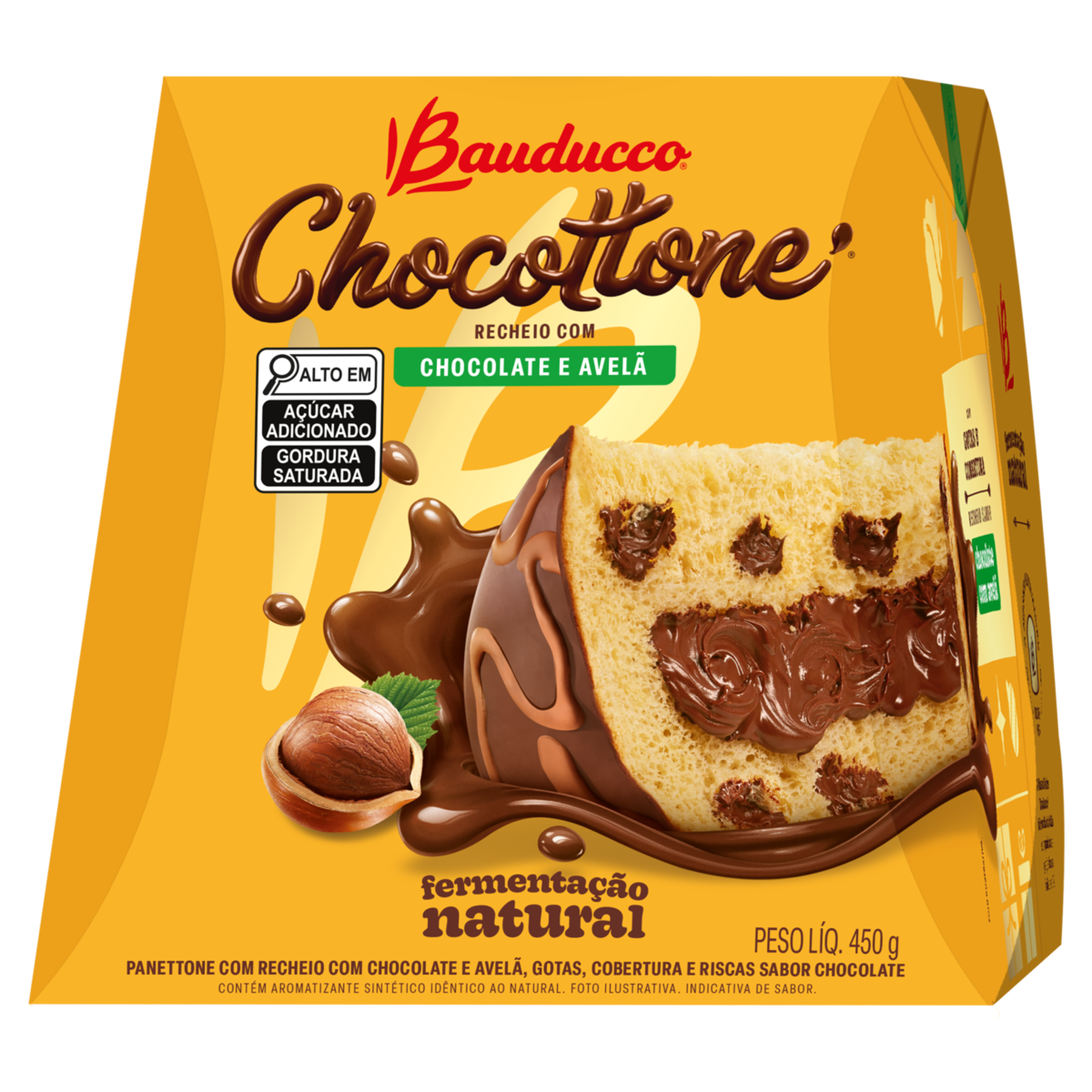Panettone Recheio Chocolate com Avelã Cobertura e Gotas de Chocolate Chocottone Bauducco Caixa 450g