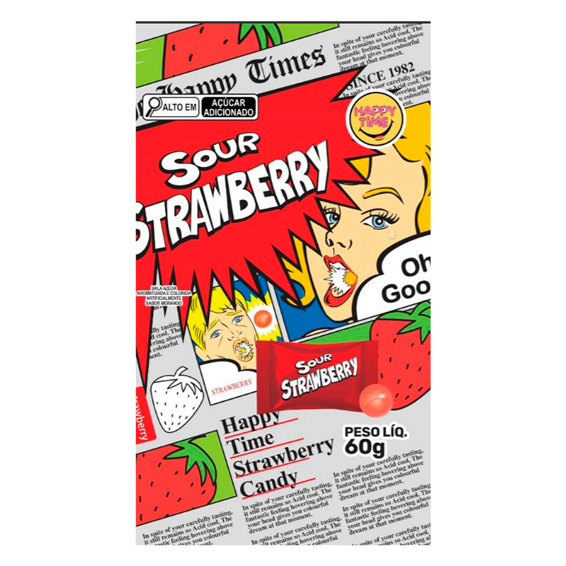 Bala Sour Morango Candy Happy Time Pacote 60g