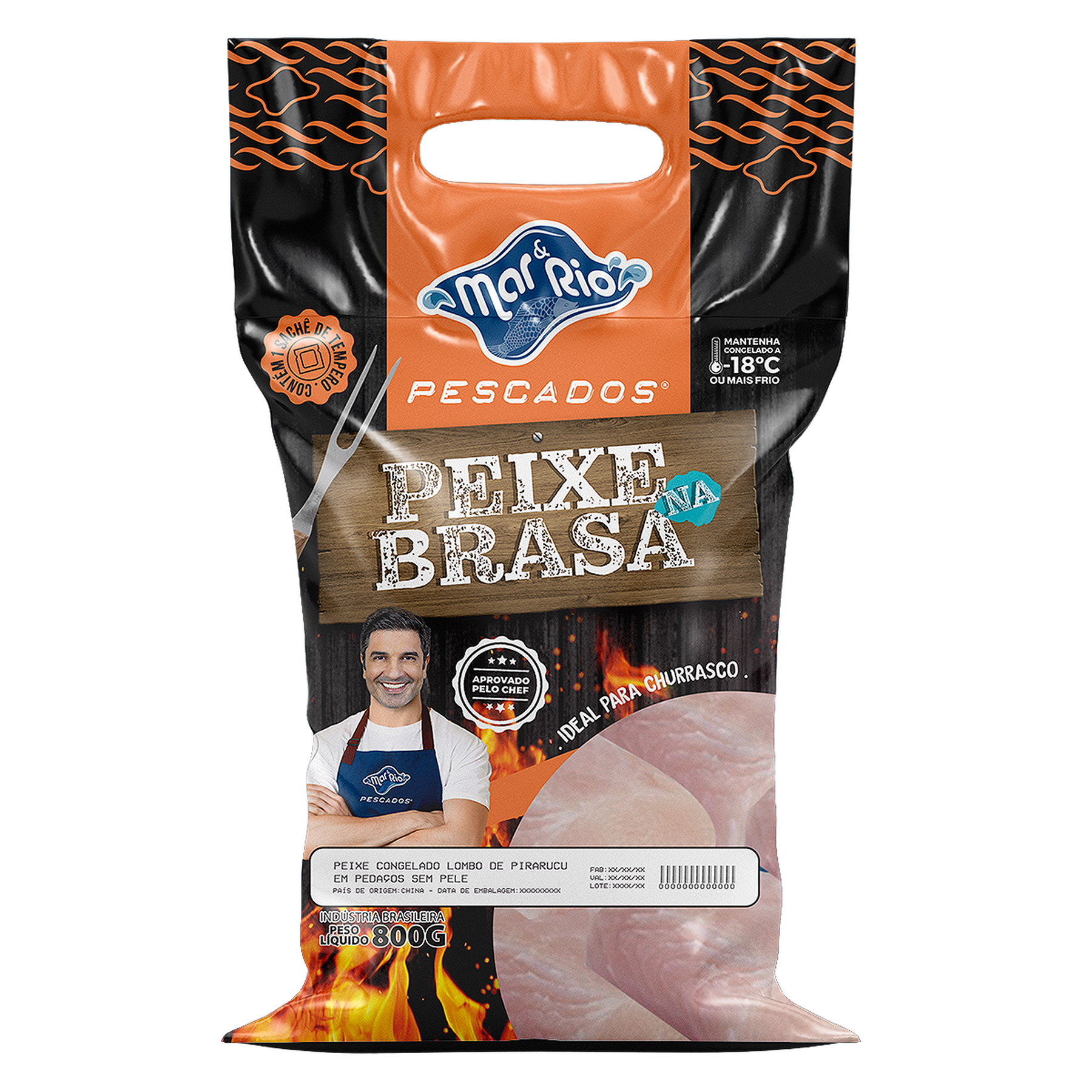 Lombo de Pirarucu em Peda&ccedil;os sem Pele Peixe na Brasa Mar&Rio Pescados Pacote 800g