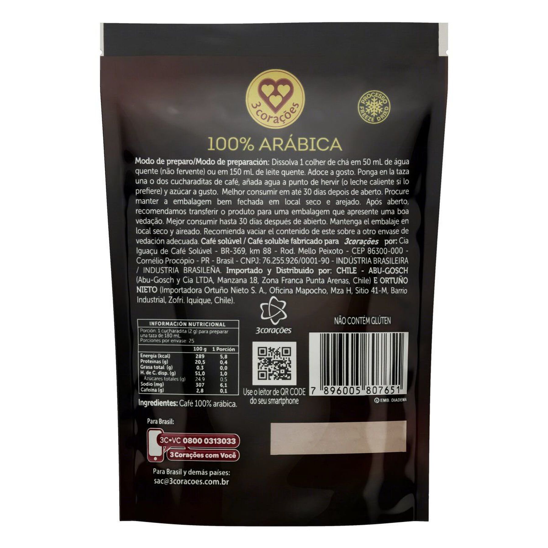 Café Solúvel Liofilizado 3 Corações Sachê 50g Refil