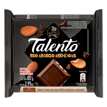 Chocolate Meio Amargo com Amêndoas Garoto Talento Pacote 85g