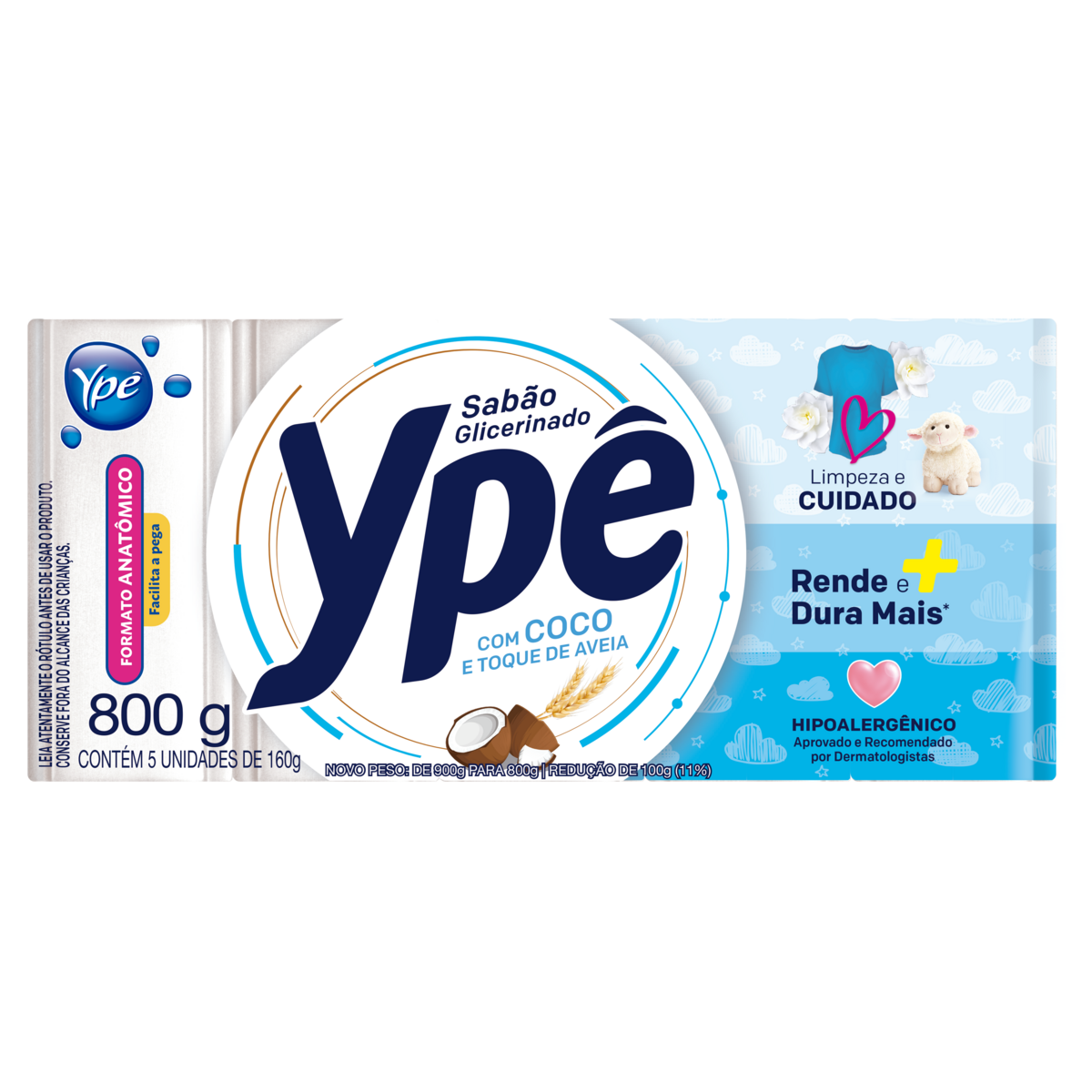 Sab&atilde;o em Barra Glicerinado Coco e Toque de Aveia Yp&ecirc; Pacote 800g C/5 Unidades