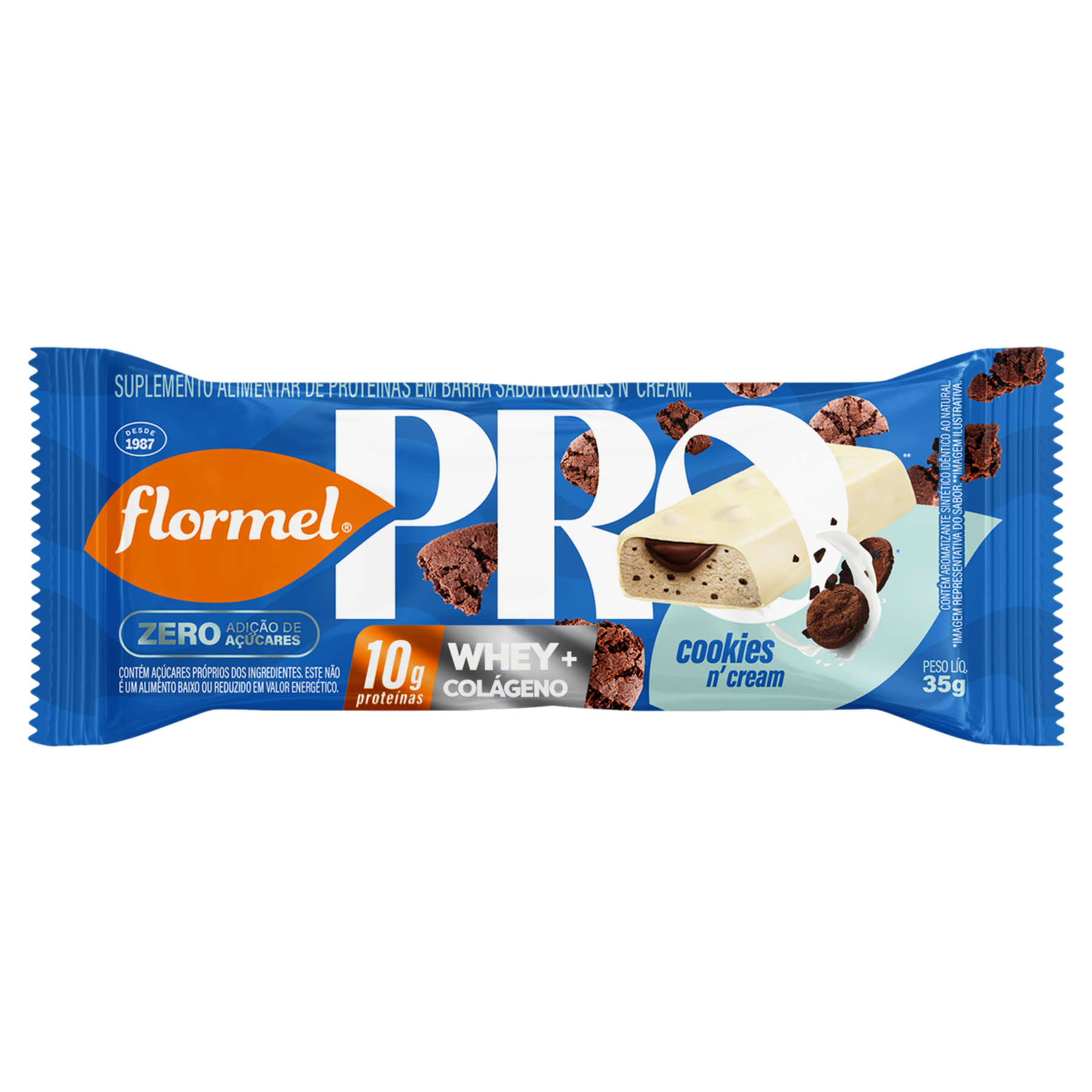 Barra de Proteína Cookies n' Cream Pro Whey + Colágeno Flormel Pacote 35g