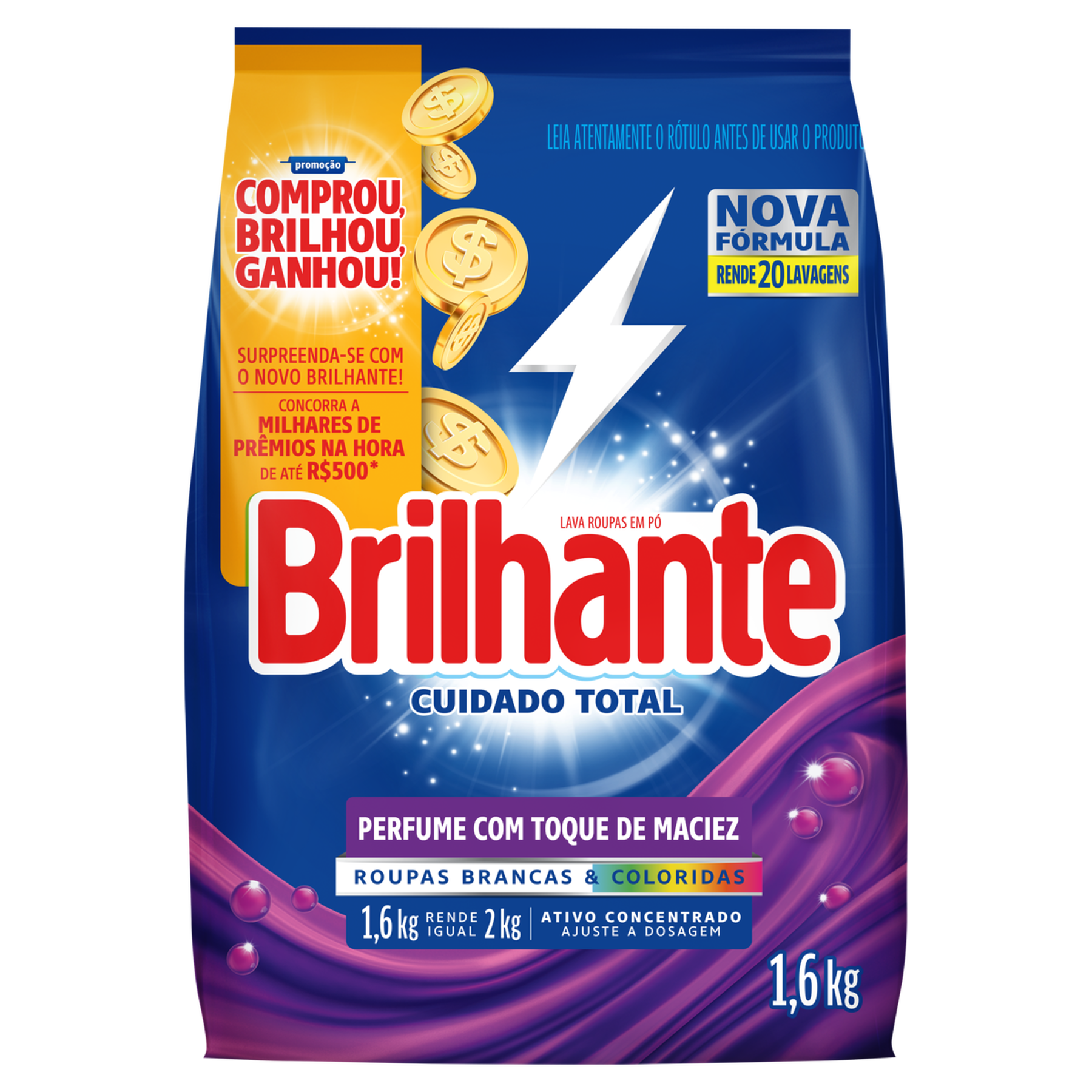 Sabão em Pó Roupas Brancas e Coloridas Cuidado Total Brilhante Pacote 1,6kg