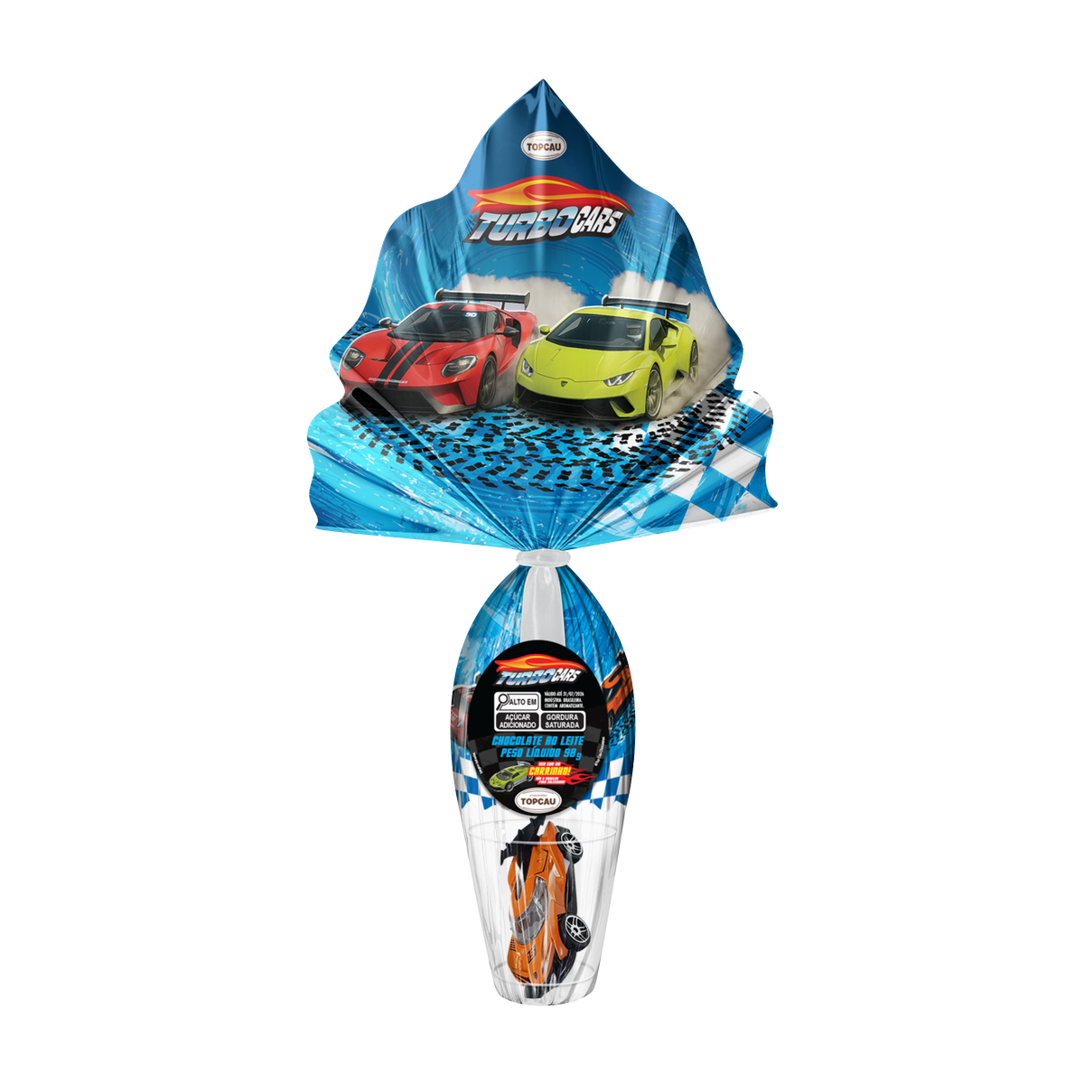 Ovo de P&aacute;scoa ao Leite Turbo Cars Topcau 90g Vem com Um Carrinho!